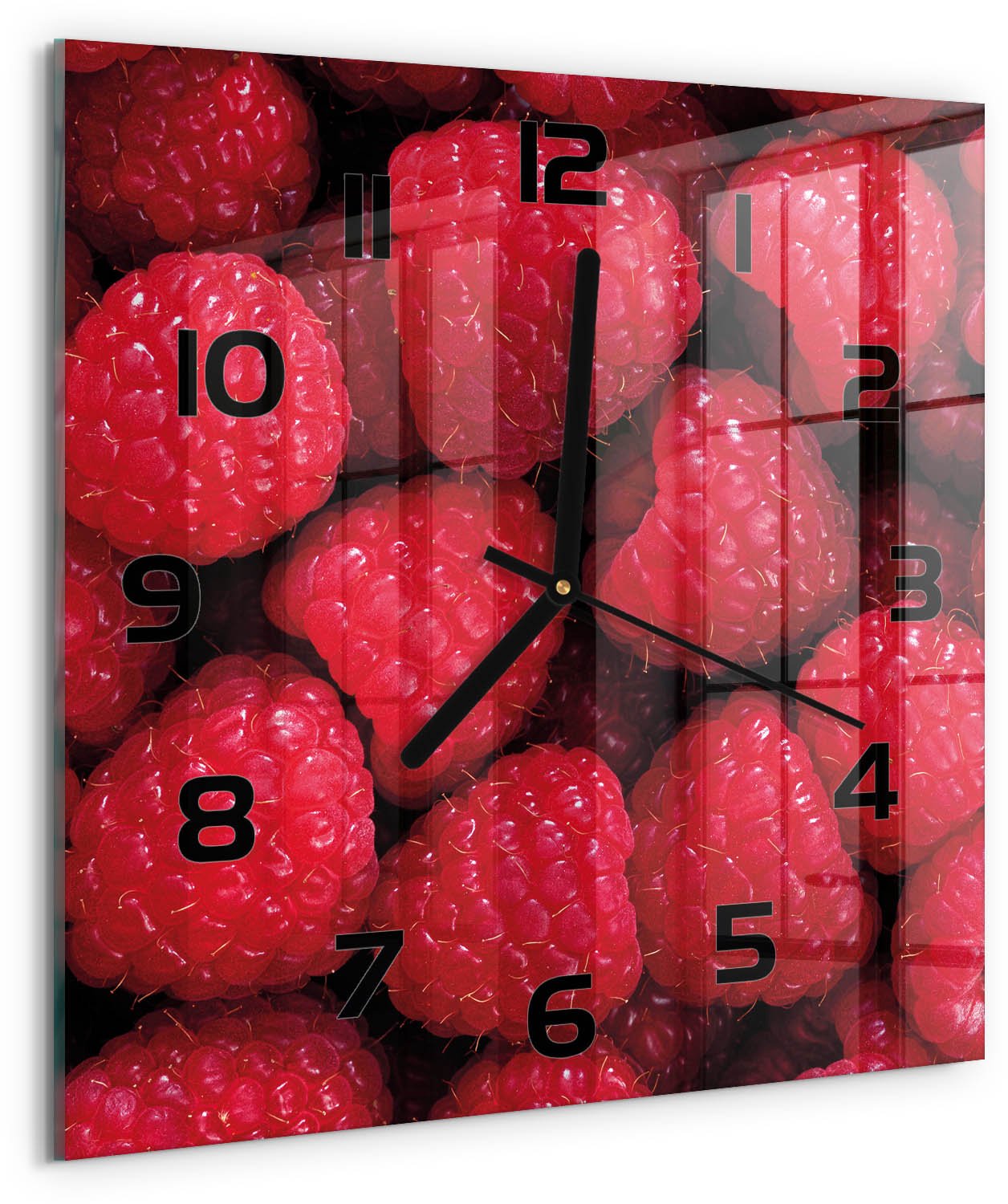 Tulup Wandklok - Frambozen Moderne Wandklok Glas - 30x30 cm - Rood Wandklok Glas Decoratie - Zwarte handen - Vierkante Klok - Glazen Wandklok Design - Klok Glas Met Opdruk