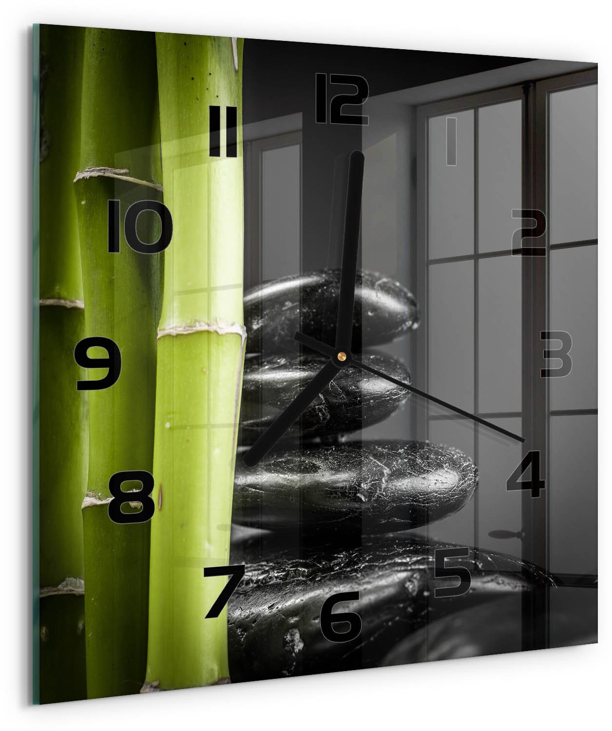 TULUP Wandklok - Bamboe Moderne Wandklok Glas - 30x30 cm - Zwart Wandklok Glas Decoratie - Zwarte handen - Vierkante Klok - Glazen Wandklok Design - Klok Glas Met Opdruk