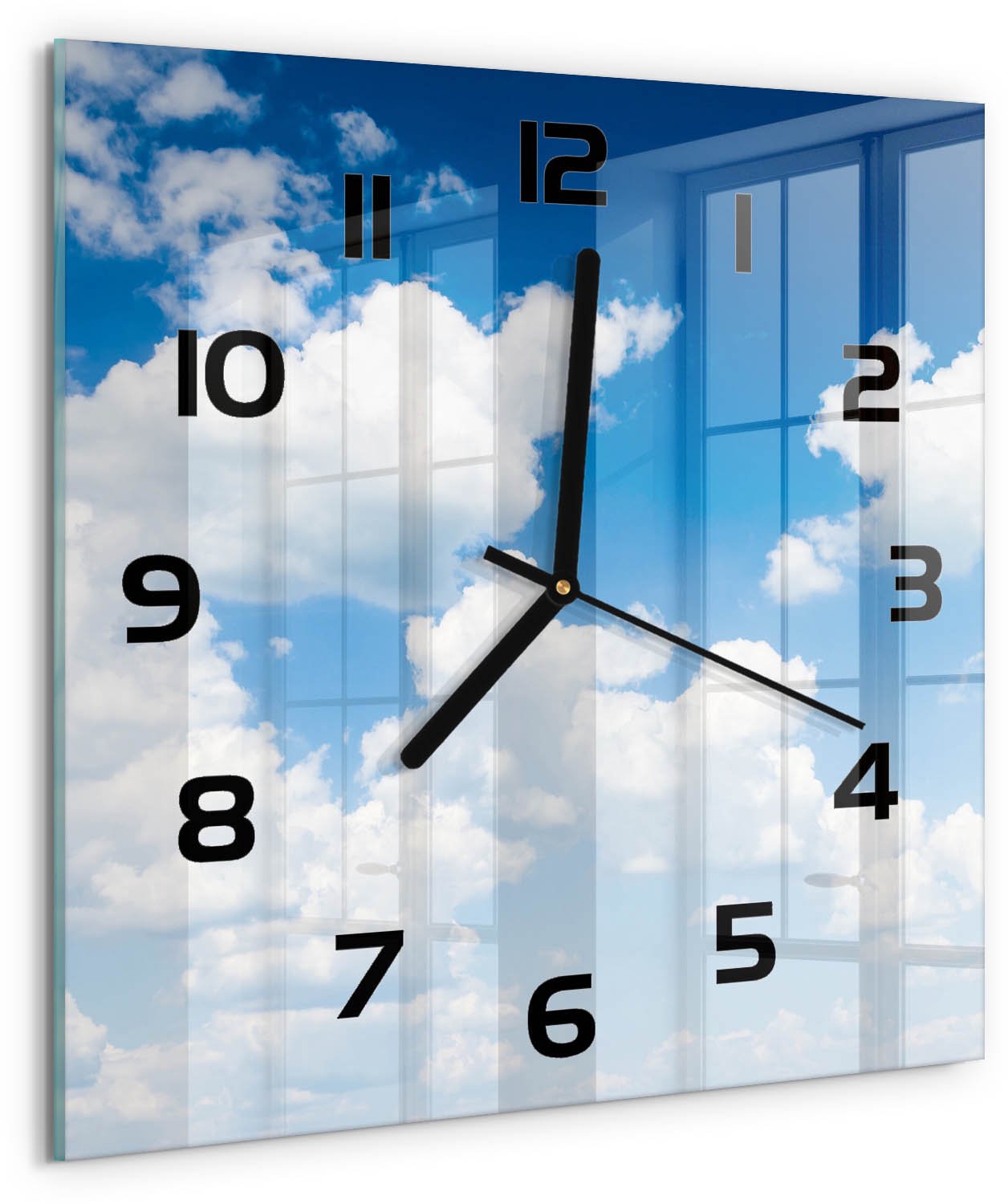 TULUP Wandklok - Wolken aan de hemel Wandklok Glas Met Motief - 30x30 cm - Blauw Decoratieve Glazen Klok - Zwarte handen - Vierkante Klok - Gekleurde Glazen Klok - Glazen Klok Met Print