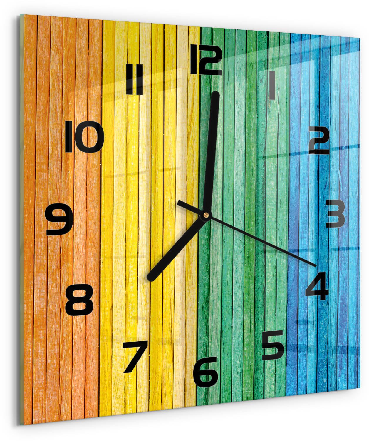 TULUP Wandklok - Kleurrijke strepen Wandklok Glas Decoratie - 30x30 cm - Veelkleurig Gekleurde Glazen Klok - Zwarte handen - Vierkante Klok - Klok Glas Met Opdruk - Moderne Wandklok Glas