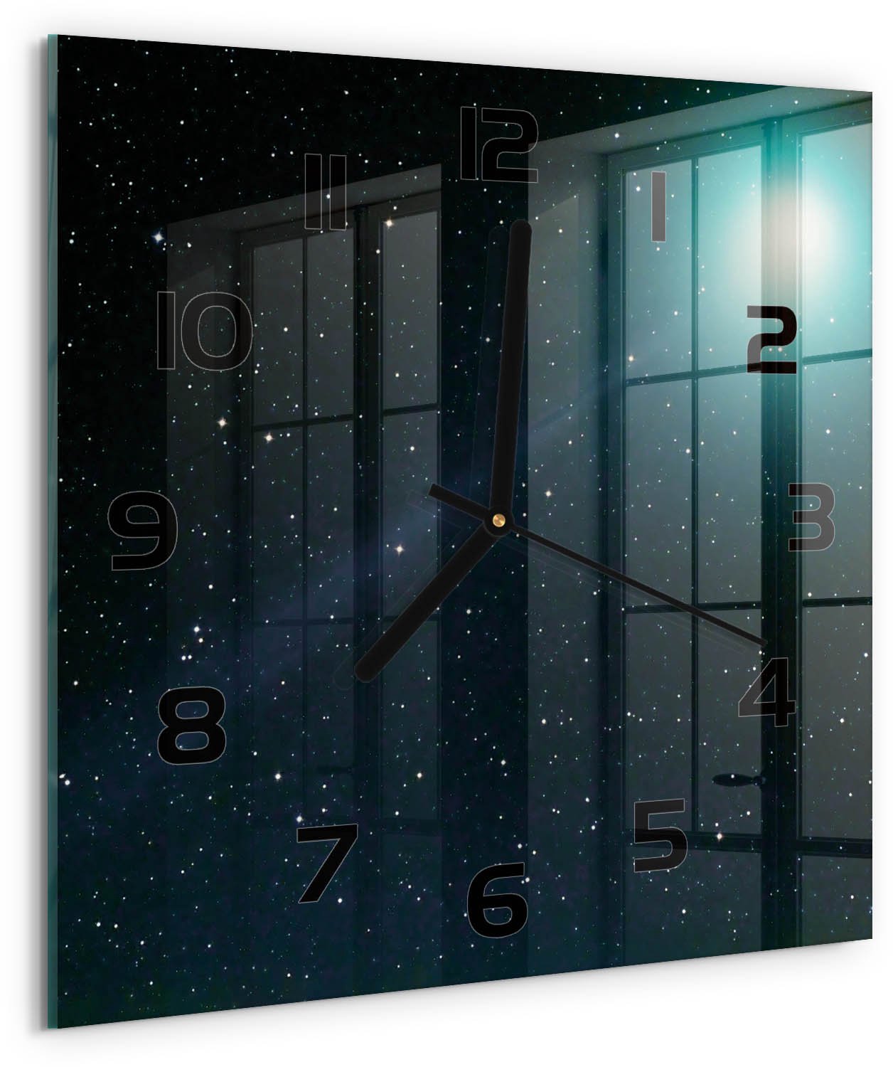 Tulup Wandklok - Melkwegstelsel Moderne Wandklok Glas - 30x30 cm - Blauw Wandklok Glas Decoratie - Zwarte handen - Vierkante Klok - Glazen Wandklok Design - Klok Glas Met Opdruk