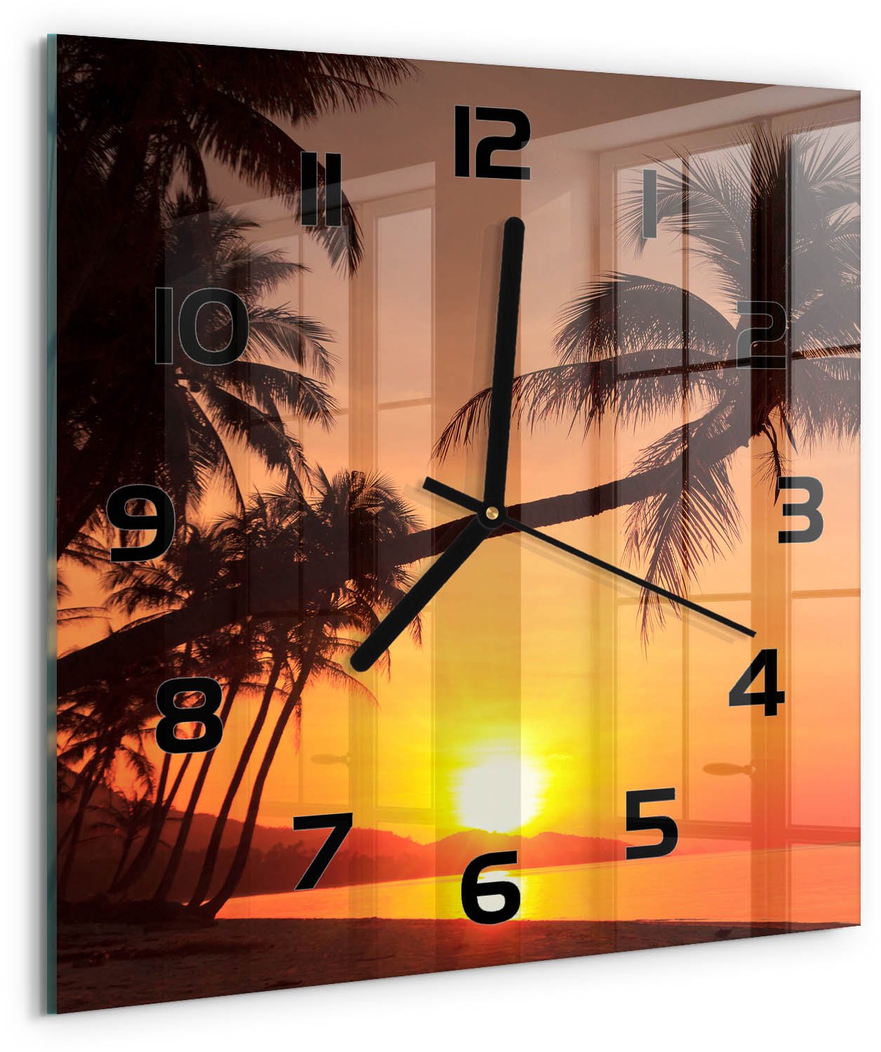 Tulup Wandklok - Zonsondergangstrand Klok Glas Met Opdruk - 30x30 cm - Oranje Moderne Wandklok Glas - Zwarte handen - Vierkante Klok - Decoratieve Glazen Klok - Glazen Wandklok Design