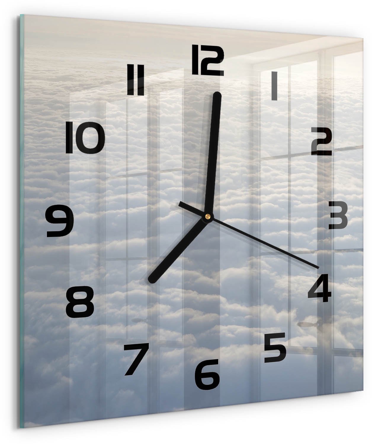 Tulup Wandklok - Vliegen boven de wolken Gekleurde Glazen Klok - 30x30 cm - Wit Glazen Klok Met Print - Zwarte handen - Vierkante Klok - Moderne Wandklok Glas - Wandklok Glas Decoratie
