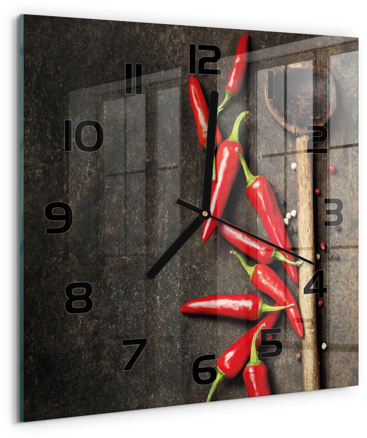 Tulup Wandklok - Chilipepers Klok Glas Met Opdruk - 30x30 cm - Rood Moderne Wandklok Glas - Zwarte handen - Vierkante Klok - Decoratieve Glazen Klok - Glazen Wandklok Design
