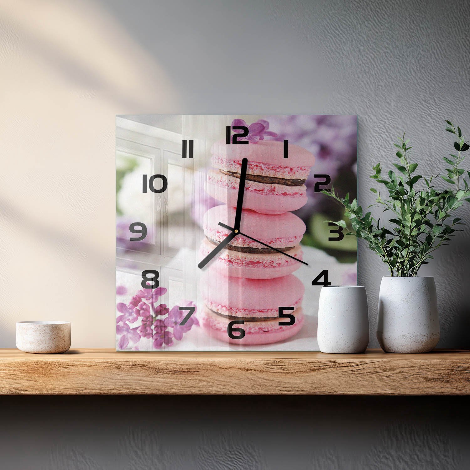 TULUP Wandklok - Cookies Glazen Klok Met Print - 30x30 cm - Roze Wandklok Glas Met Motief - Zwarte handen - Vierkante Klok - Wandklok Glas Decoratie - Gekleurde Glazen Klok