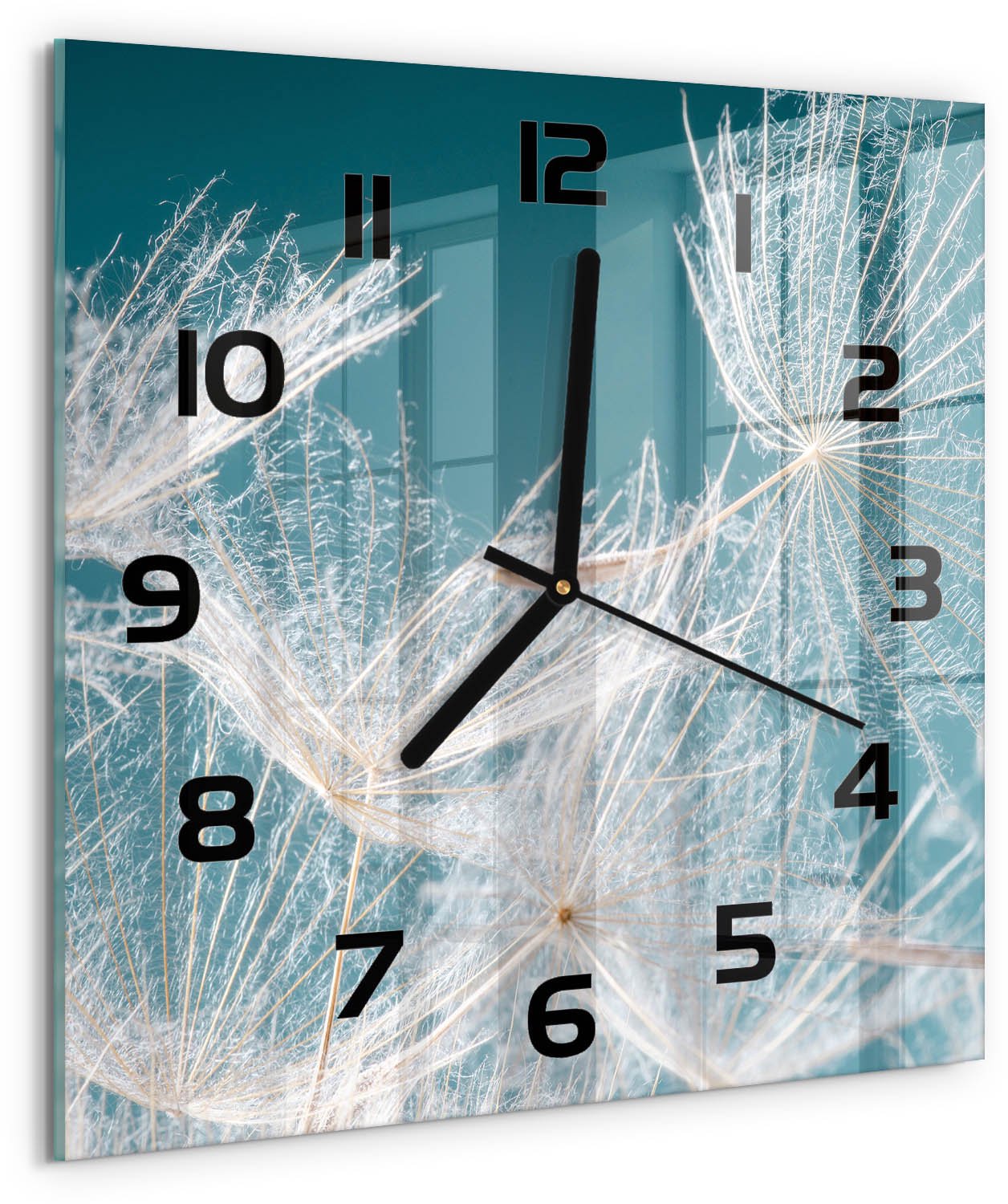 TULUP Wandklok - Paardenbloemzaden Gekleurde Glazen Klok - 30x30 cm - Wit Glazen Klok Met Print - Zwarte handen - Vierkante Klok - Moderne Wandklok Glas - Wandklok Glas Decoratie