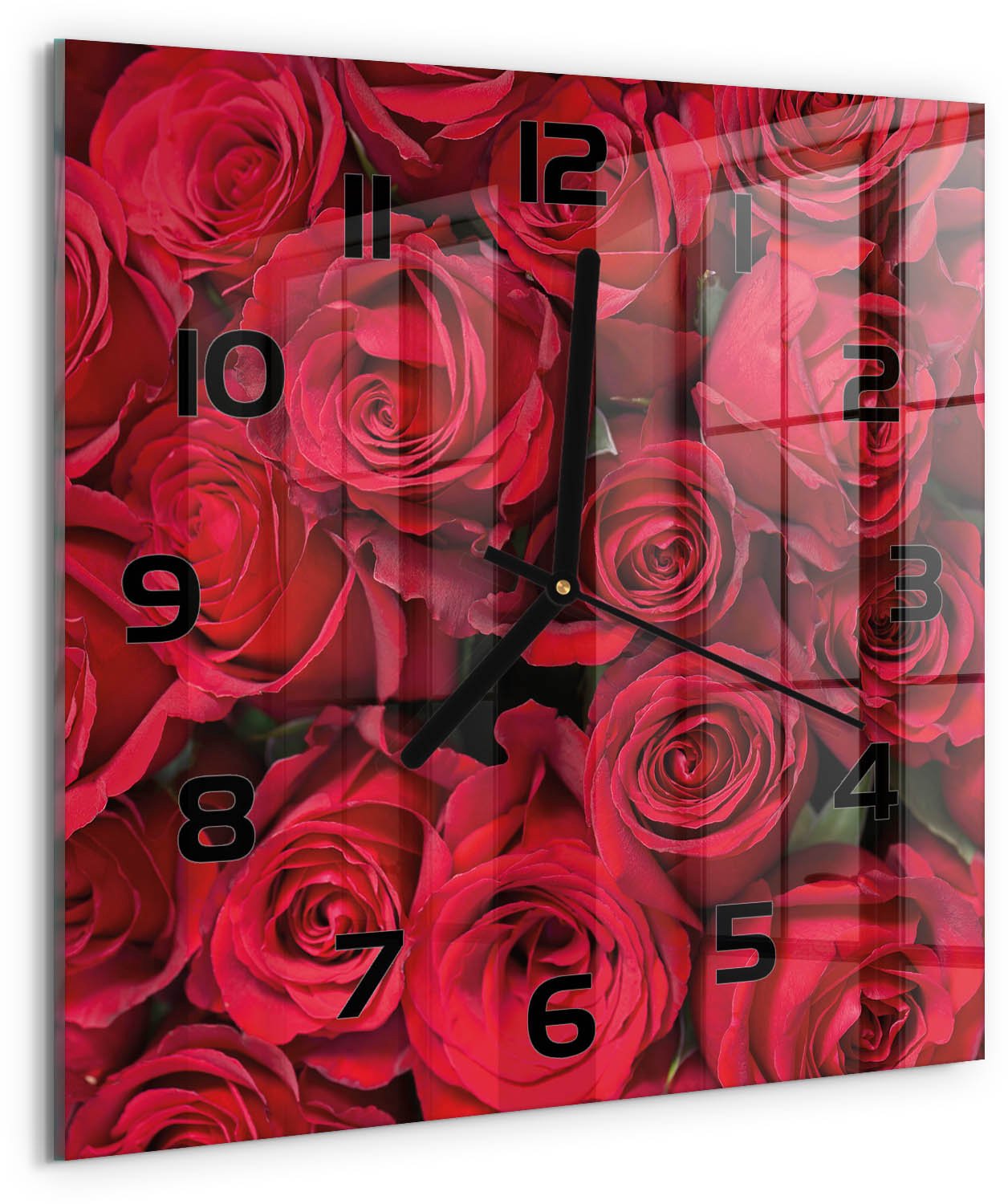 TULUP Wandklok - Rode rozen Klok Glas Met Opdruk - 30x30 cm - Rood Moderne Wandklok Glas - Zwarte handen - Vierkante Klok - Decoratieve Glazen Klok - Glazen Wandklok Design