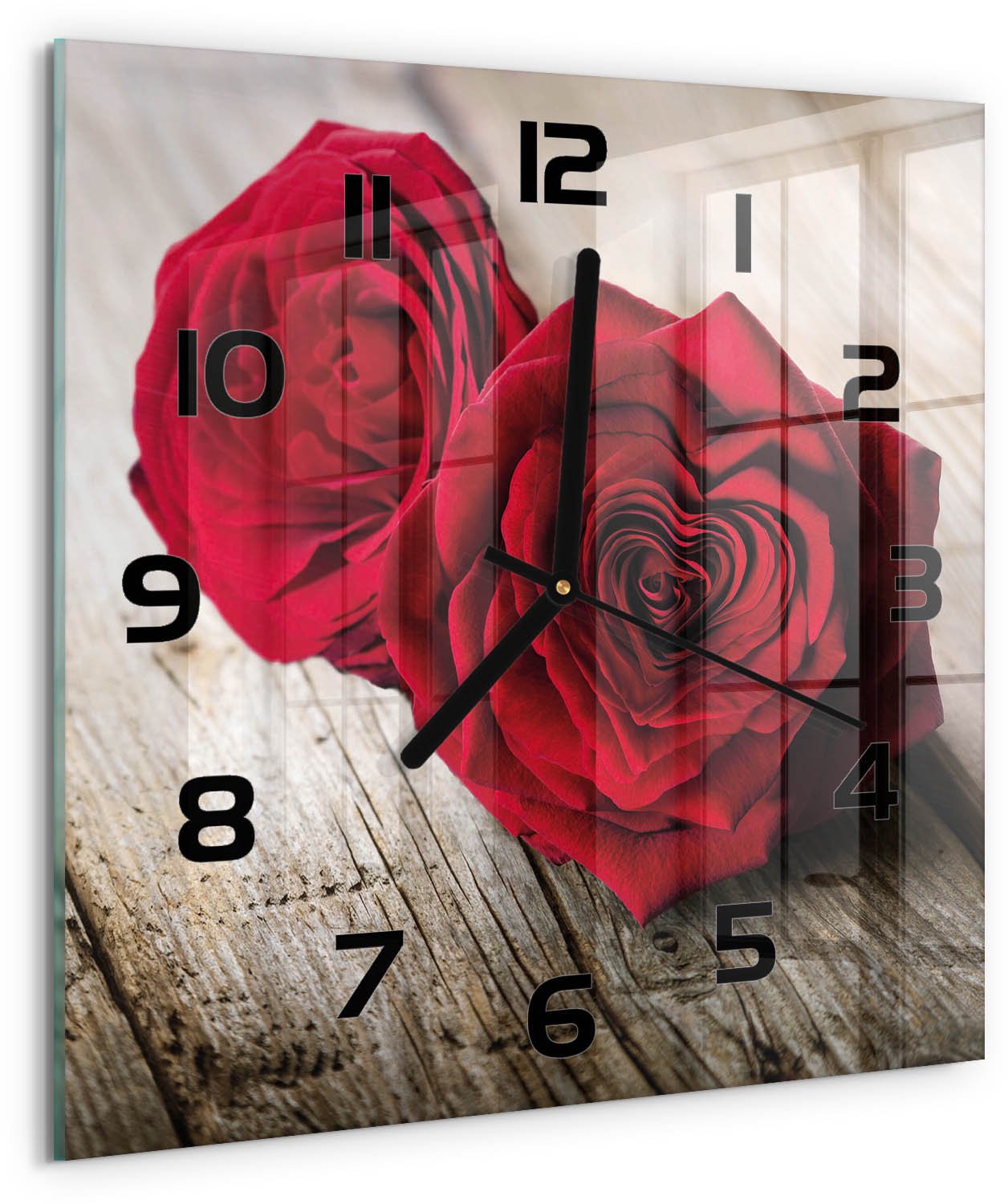 TULUP Wandklok - Rozen op hout Wandklok Glas Decoratie - 30x30 cm - Rood Gekleurde Glazen Klok - Zwarte handen - Vierkante Klok - Klok Glas Met Opdruk - Moderne Wandklok Glas