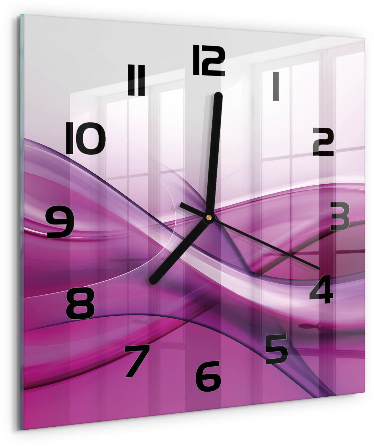 TULUP Wandklok - Golfachtergrond Wandklok Glas Met Motief - 30x30 cm - Roze Decoratieve Glazen Klok - Zwarte handen - Vierkante Klok - Gekleurde Glazen Klok - Glazen Klok Met Print