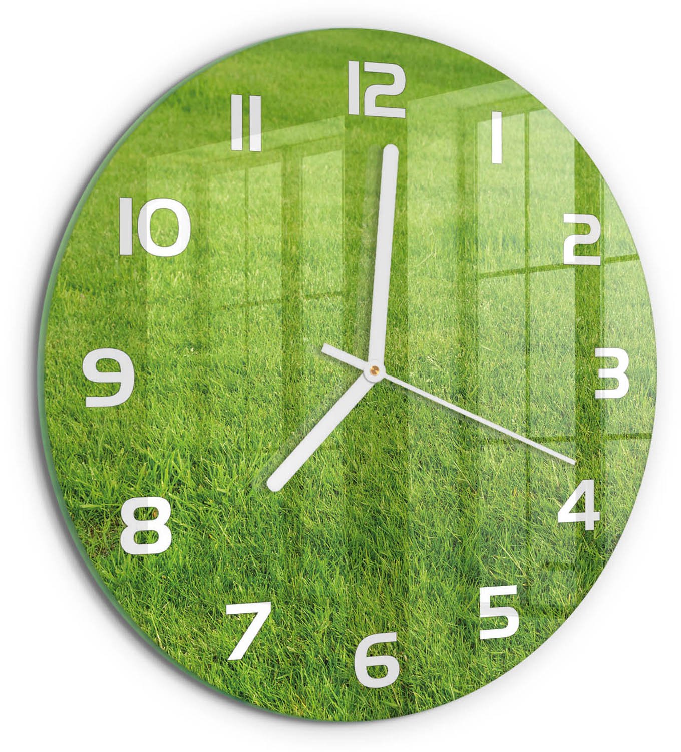 TULUP Wandklok - Groen gras Wandklok Glas Decoratie - fi30 cm - Groente Gekleurde Glazen Klok - Witte handen - Ronde Klok - Klok Glas Met Opdruk - Moderne Wandklok Glas