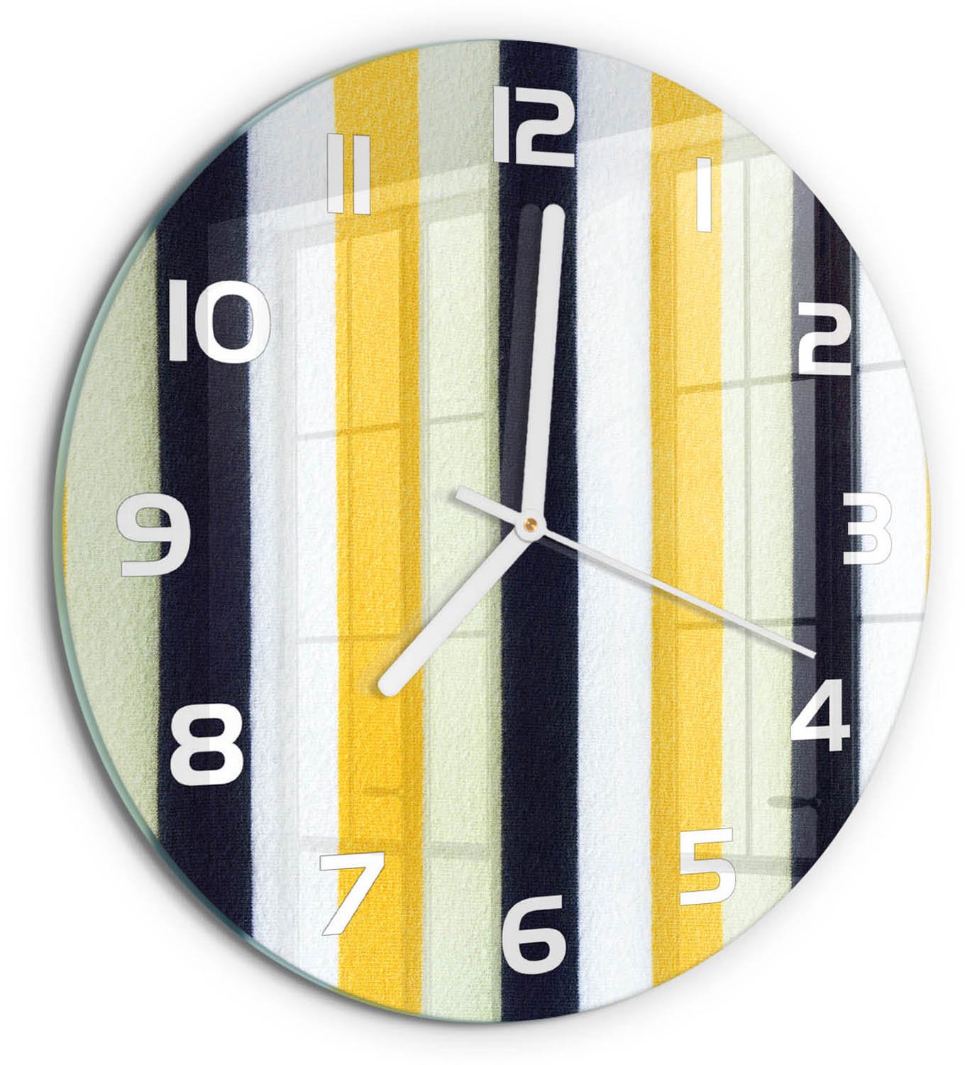TULUP Wandklok - Gestreepte achtergrond Wandklok Glas Met Motief - fi30 cm - Geel Decoratieve Glazen Klok - Witte handen - Ronde Klok - Gekleurde Glazen Klok - Glazen Klok Met Print