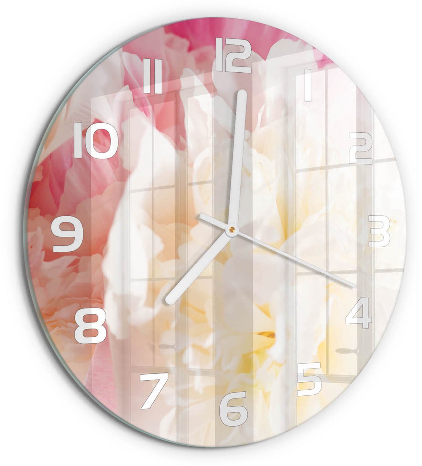 TULUP Wandklok - Pioen Wandklok Glas Decoratie - fi30 cm - Roze Gekleurde Glazen Klok - Witte handen - Ronde Klok - Klok Glas Met Opdruk - Moderne Wandklok Glas