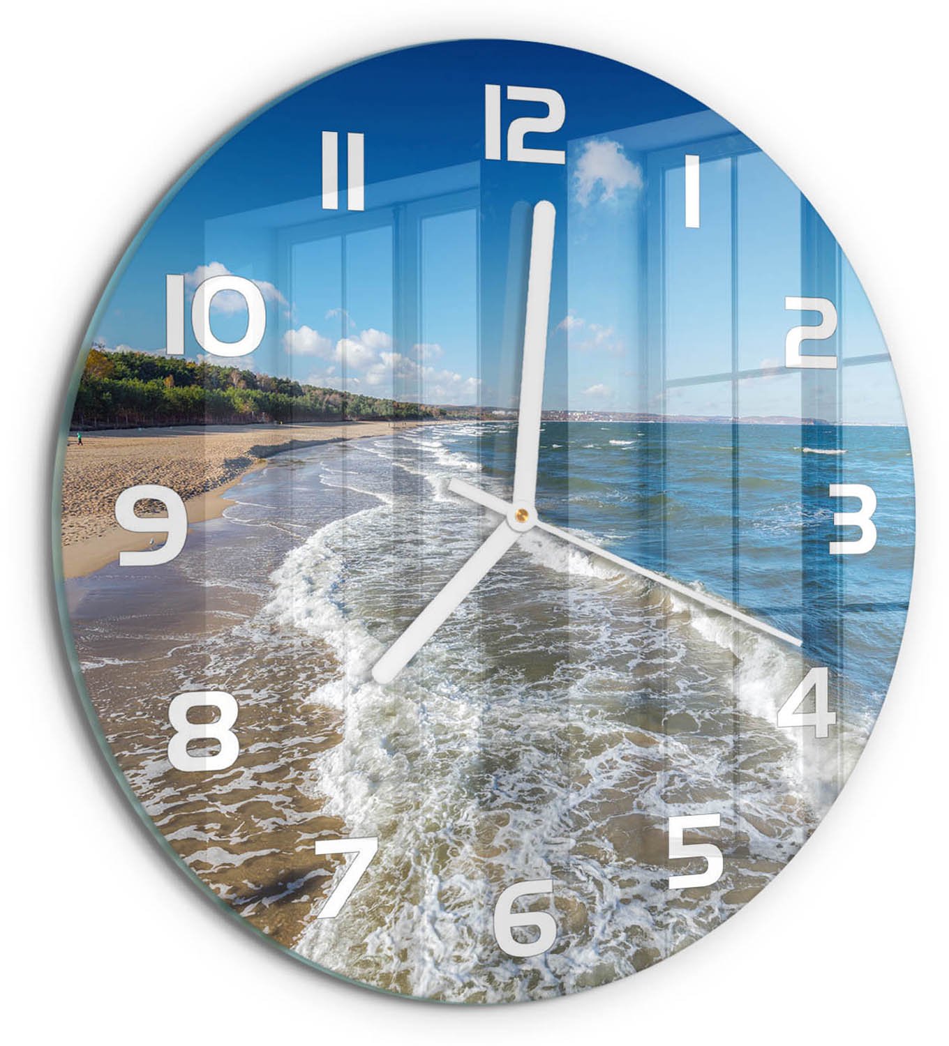 TULUP Wandklok - Oostzee Moderne Wandklok Glas - fi30 cm - Blauw Wandklok Glas Decoratie - Witte handen - Ronde Klok - Glazen Wandklok Design - Klok Glas Met Opdruk