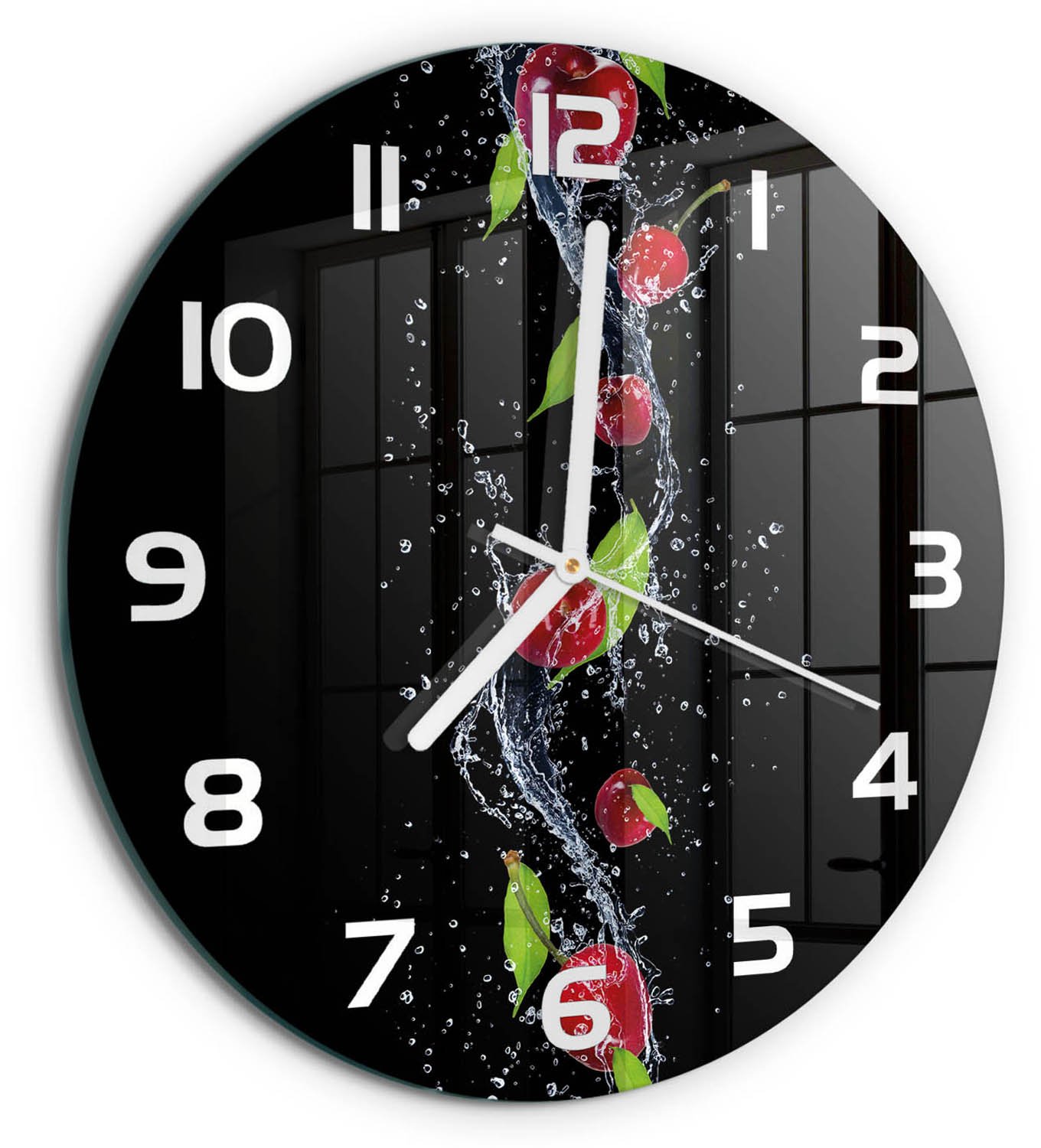 TULUP Wandklok - Kersen Wandklok Glas Decoratie - fi30 cm - Rood Gekleurde Glazen Klok - Witte handen - Ronde Klok - Klok Glas Met Opdruk - Moderne Wandklok Glas