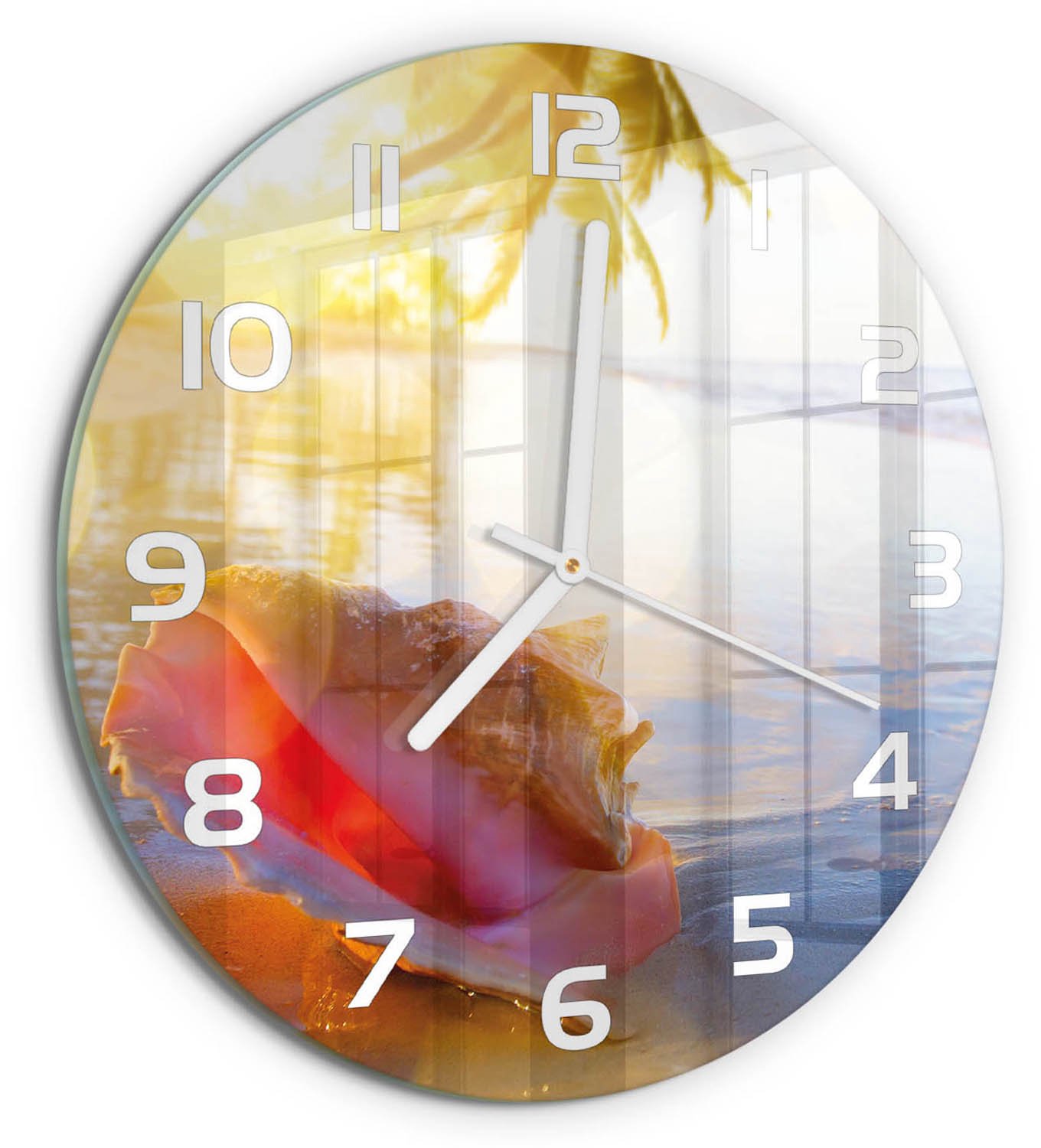 TULUP Wandklok - Een schelp op het strand Klok Glas Met Opdruk - fi30 cm - Veelkleurig Moderne Wandklok Glas - Witte handen - Ronde Klok - Decoratieve Glazen Klok - Glazen Wandklok Design