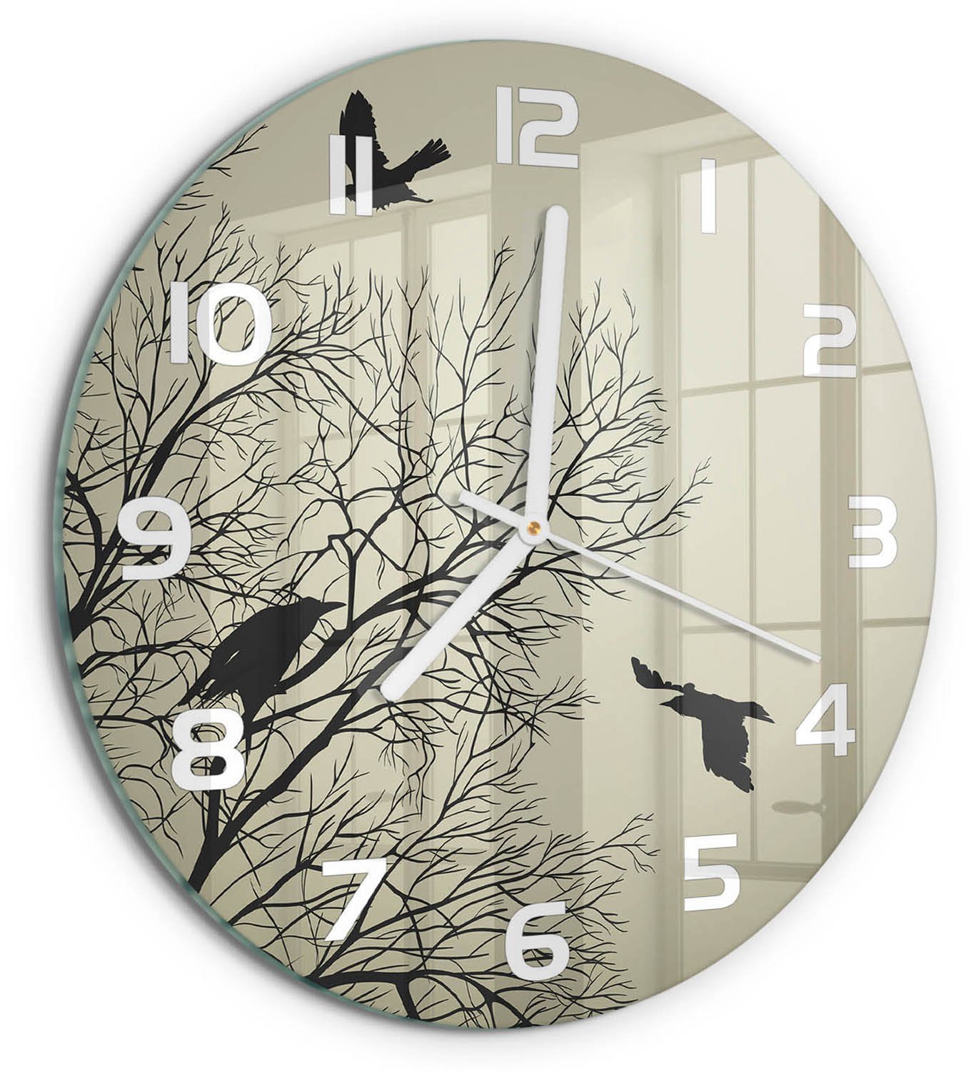 TULUP Wandklok - Raven in de boom Wandklok Glas Met Motief - fi30 cm - Beige Decoratieve Glazen Klok - Witte handen - Ronde Klok - Gekleurde Glazen Klok - Glazen Klok Met Print