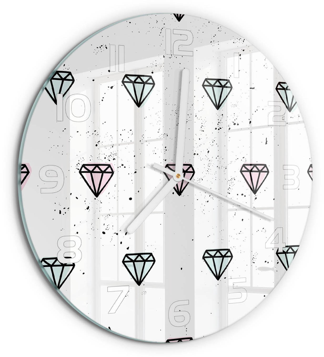 TULUP Wandklok - Diamanten Gekleurde Glazen Klok - fi30 cm - Veelkleurig Glazen Klok Met Print - Witte handen - Ronde Klok - Moderne Wandklok Glas - Wandklok Glas Decoratie