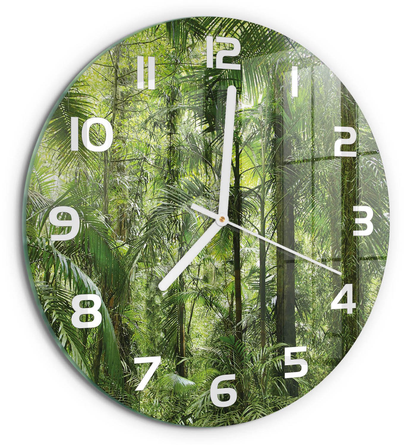 TULUP Wandklok - Tropisch bos Moderne Wandklok Glas - fi30 cm - Groente Wandklok Glas Decoratie - Witte handen - Ronde Klok - Glazen Wandklok Design - Klok Glas Met Opdruk
