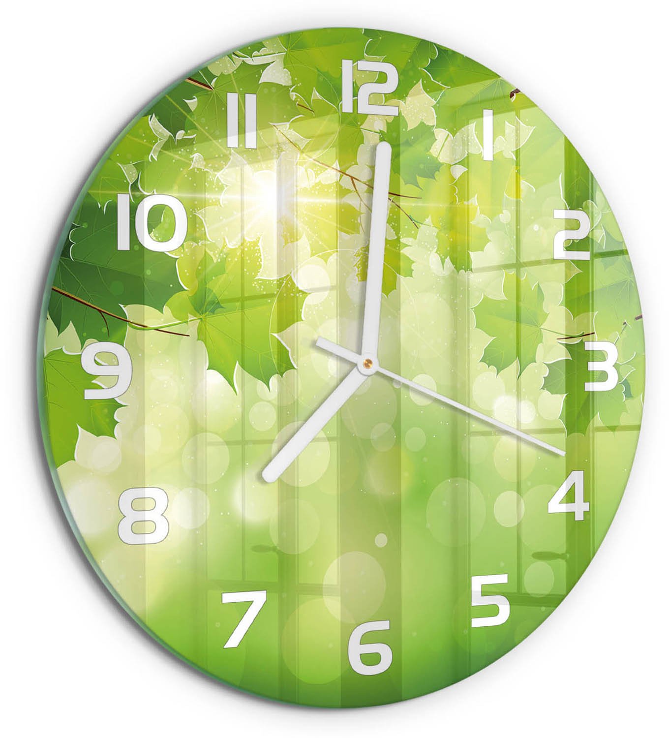 TULUP Wandklok - Paardenkastanjebladeren Wandklok Glas Decoratie - fi30 cm - Groente Gekleurde Glazen Klok - Witte handen - Ronde Klok - Klok Glas Met Opdruk - Moderne Wandklok Glas