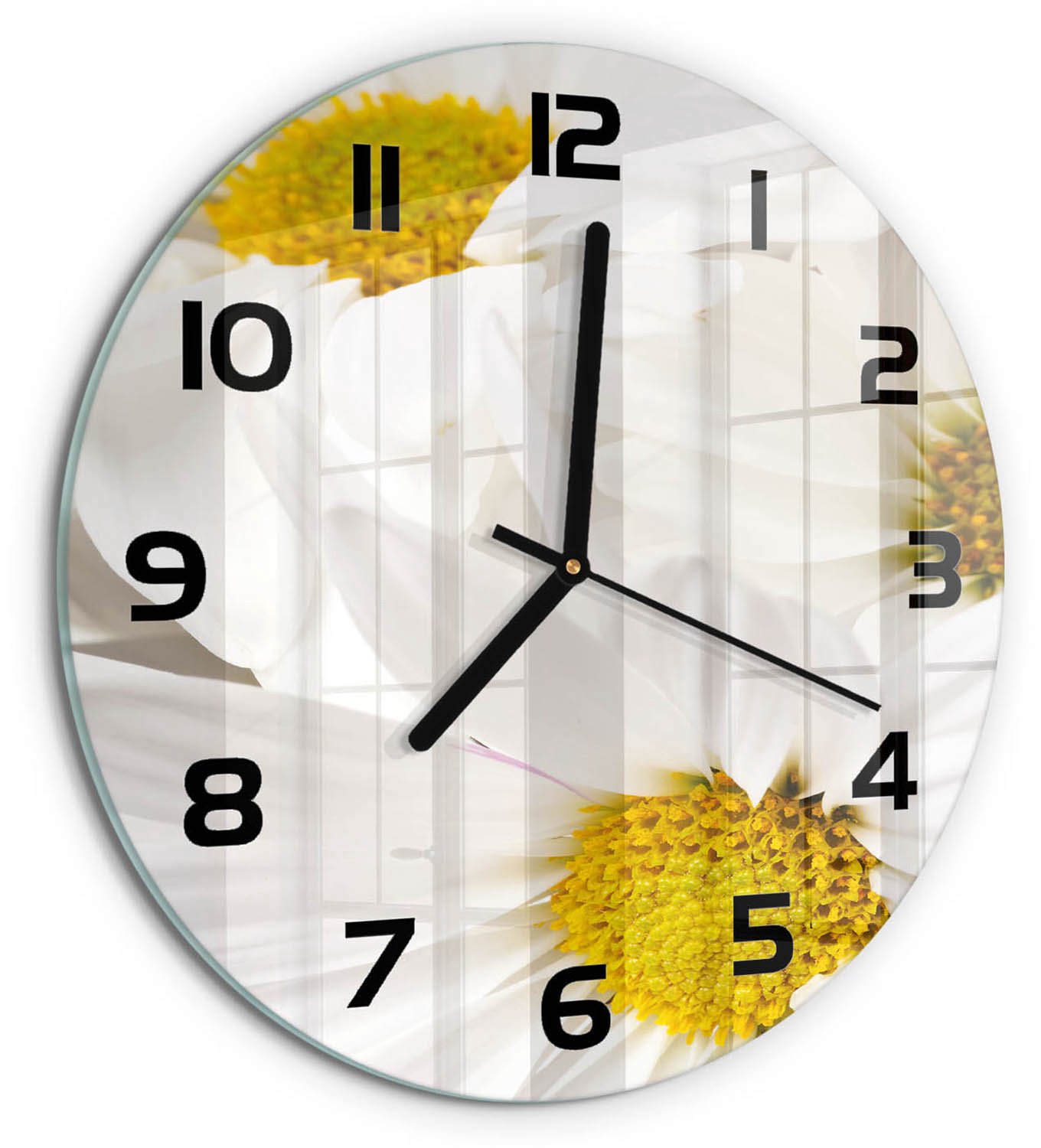 TULUP Wandklok - Madeliefje Glazen Klok Met Print - fi30 cm - Geel Wandklok Glas Met Motief - Zwarte handen - Ronde Klok - Wandklok Glas Decoratie - Gekleurde Glazen Klok