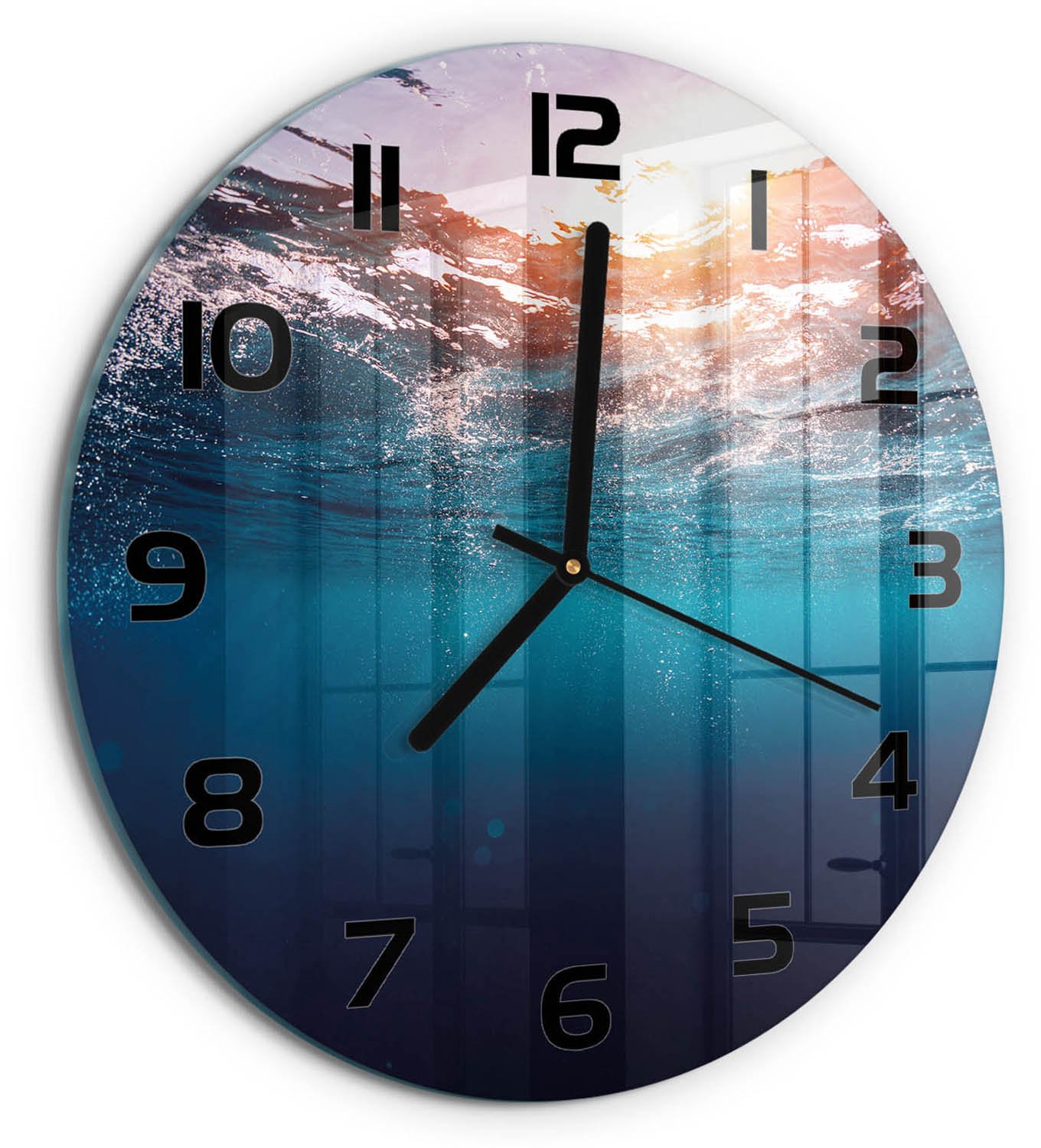 TULUP Wandklok - Onderwaterwereld Glazen Wandklok Design - fi30 cm - Blauw Klok Glas Met Opdruk - Zwarte handen - Ronde Klok - Wandklok Glas Met Motief - Decoratieve Glazen Klok
