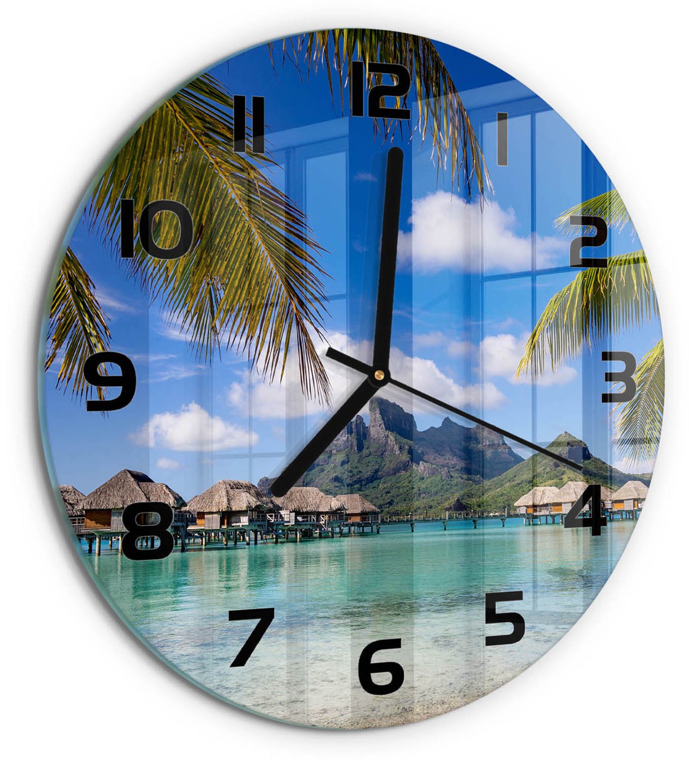 TULUP Wandklok - Palmbomen in Bora Bora Gekleurde Glazen Klok - fi30 cm - Veelkleurig Glazen Klok Met Print - Zwarte handen - Ronde Klok - Moderne Wandklok Glas - Wandklok Glas Decoratie