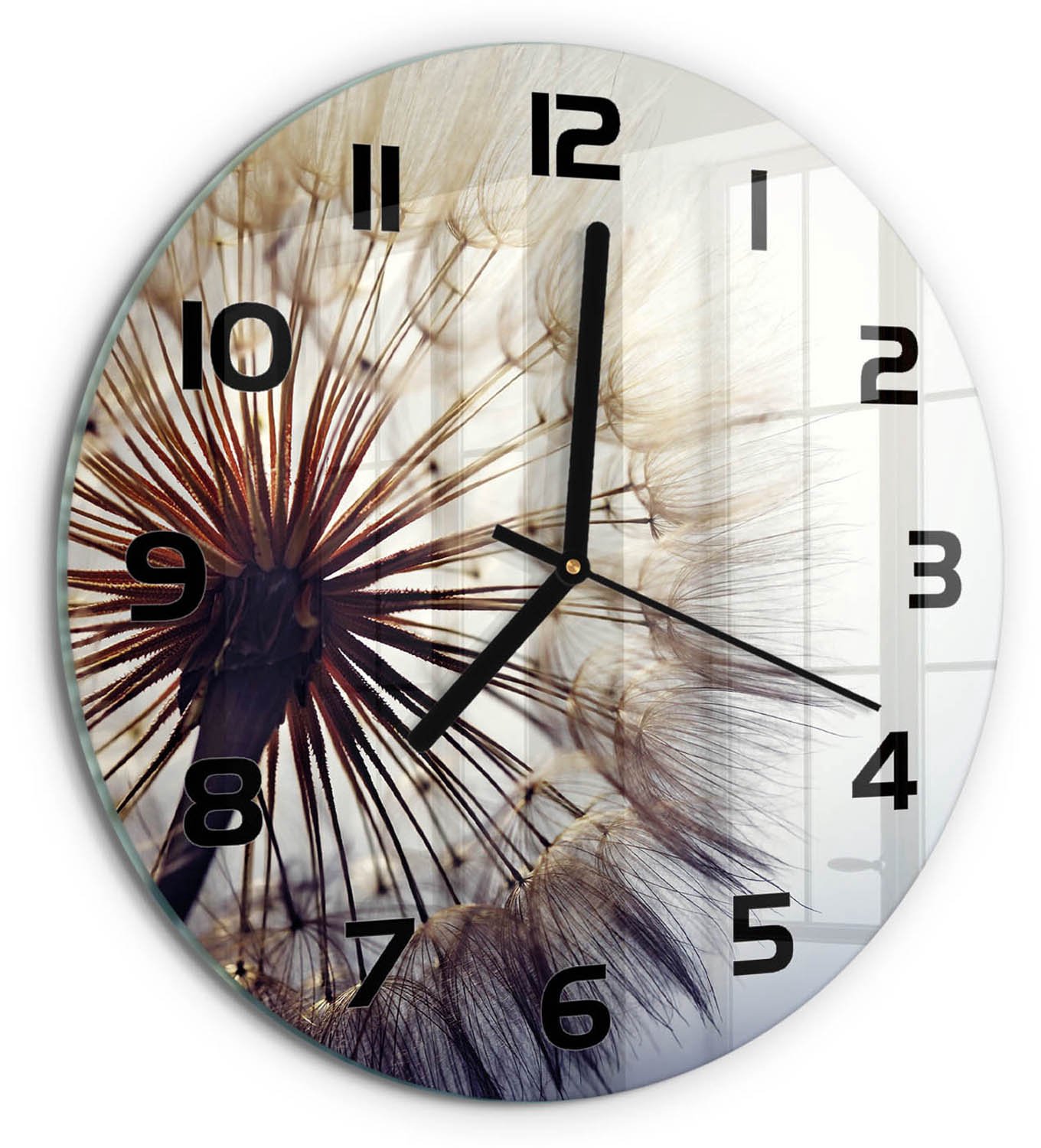 TULUP Wandklok - Paardebloem Wandklok Glas Decoratie - fi30 cm - Wit Gekleurde Glazen Klok - Zwarte handen - Ronde Klok - Klok Glas Met Opdruk - Moderne Wandklok Glas