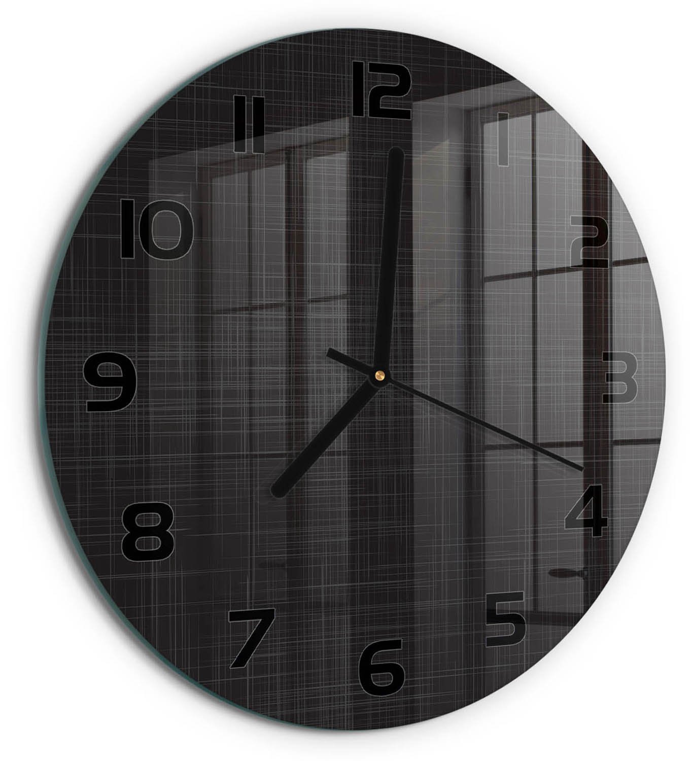 TULUP Wandklok - Linnentextuur Decoratieve Glazen Klok - fi30 cm - Zwart Glazen Wandklok Design - Zwarte handen - Ronde Klok - Glazen Klok Met Print - Wandklok Glas Met Motief