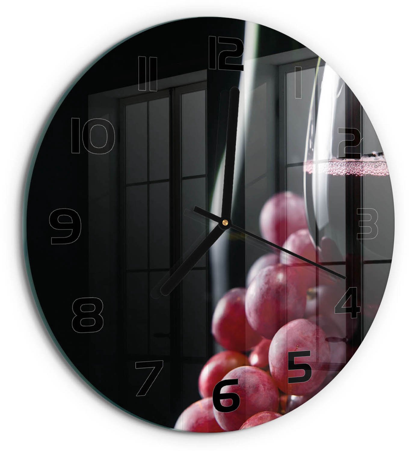 TULUP Wandklok - Druiven en wijn Wandklok Glas Decoratie - fi30 cm - Rood Gekleurde Glazen Klok - Zwarte handen - Ronde Klok - Klok Glas Met Opdruk - Moderne Wandklok Glas