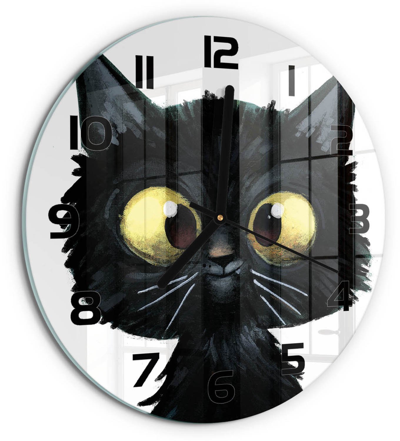 TULUP Wandklok - Kattenillustratie Glazen Wandklok Design - fi30 cm - zwart Klok Glas Met Opdruk - Zwarte handen - Ronde Klok - Wandklok Glas Met Motief - Decoratieve Glazen Klok