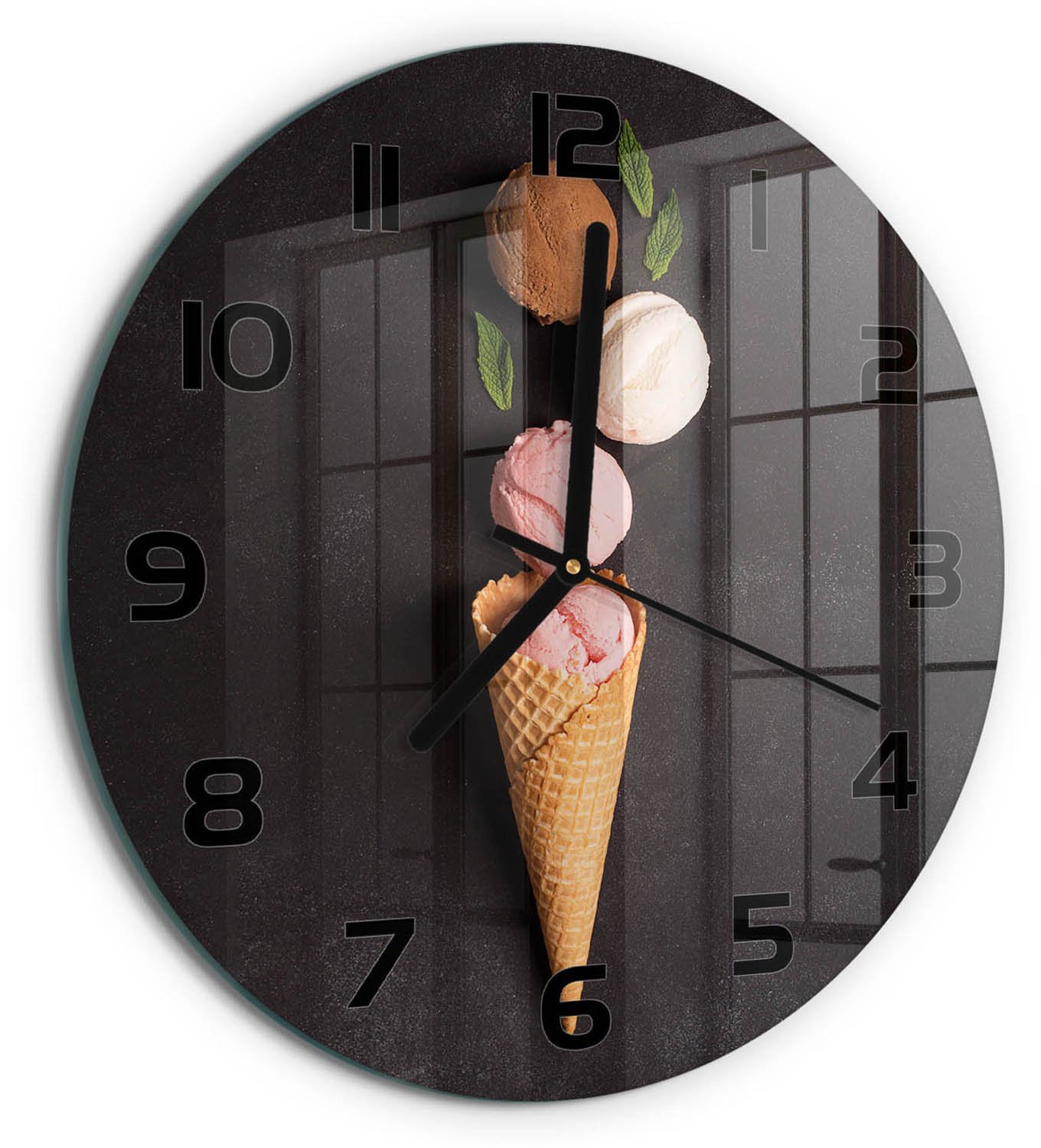 TULUP Wandklok - IJs in een wafelhoorntje Glazen Wandklok Design - fi30 cm - Zwart Klok Glas Met Opdruk - Zwarte handen - Ronde Klok - Wandklok Glas Met Motief - Decoratieve Glazen Klok