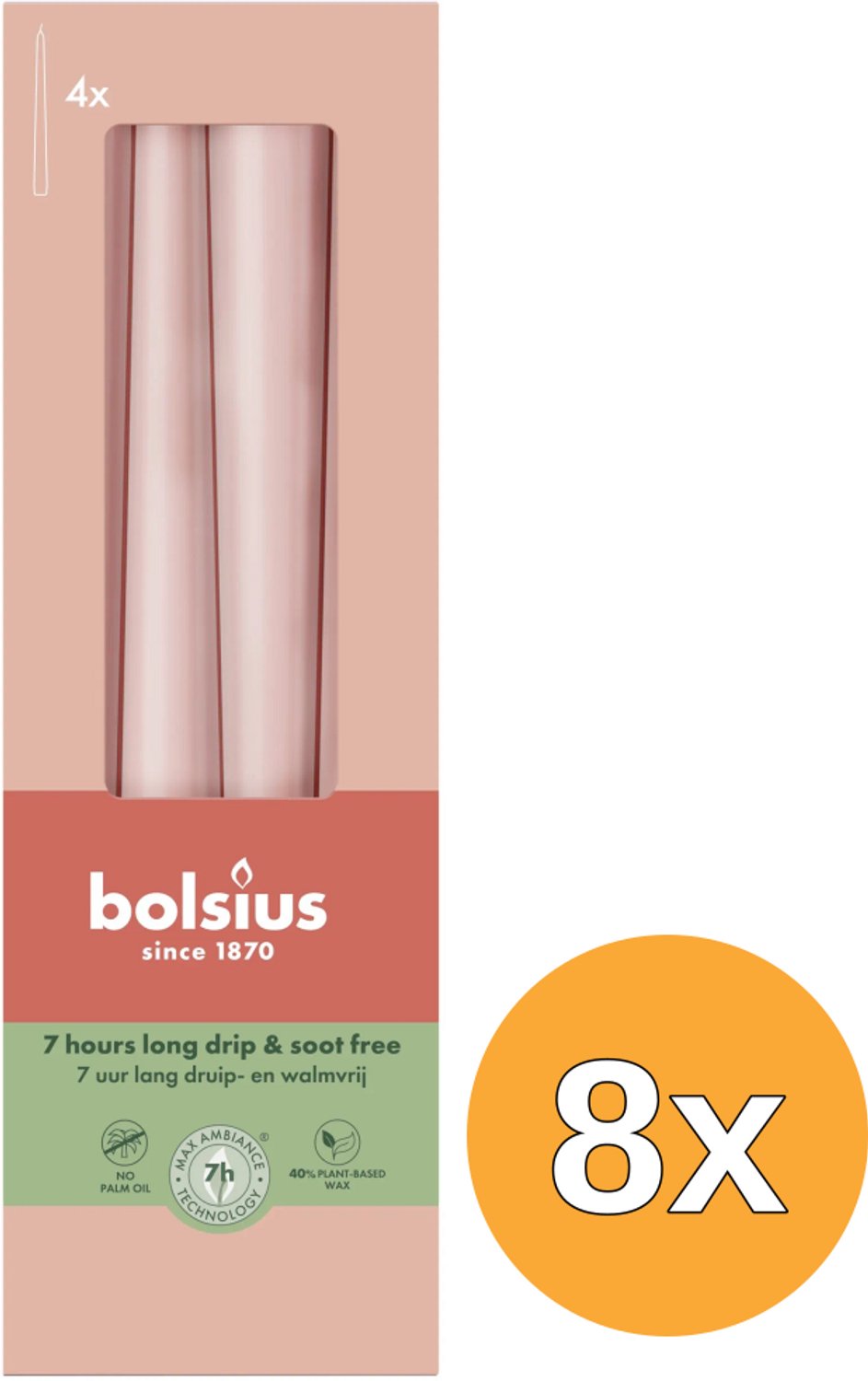 Bolsius 8x Bolsius Gotische kaarsen 245/24 doos 4 Misty Pink (4 stuks)