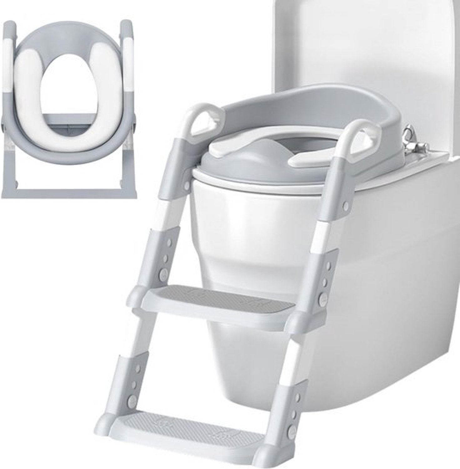 Toiletbril voor Kinderen met Trap - Potje en Toilettrainer voor Jongens en Meisjes (Grijs)