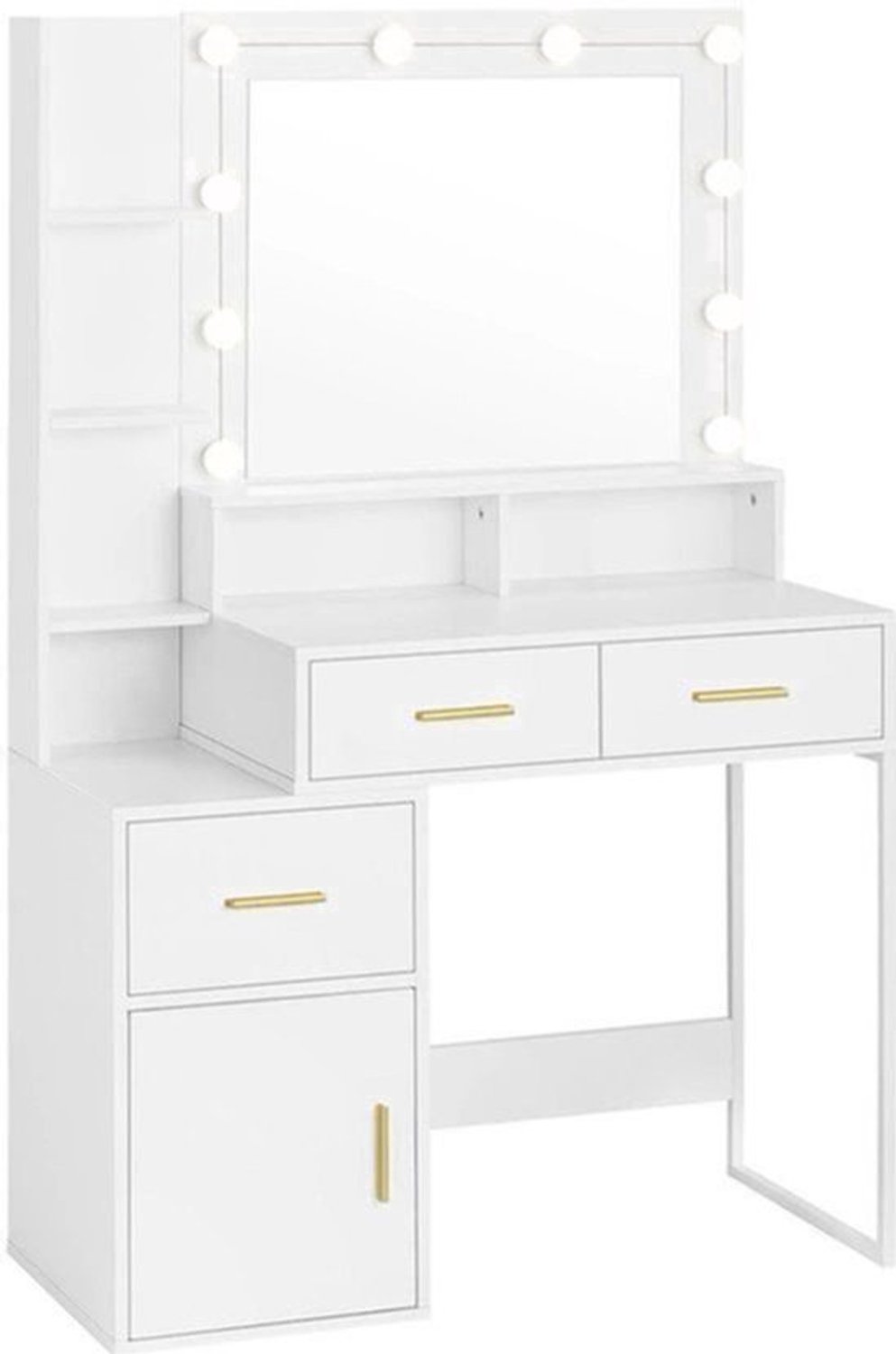Kaptafel - Make-up Tafel - Kaptafel met spiegel en verlichting - Verstelbare - Helderheid - 10 LED - 1 Tafelblad - 2 Lades - 1 Opbergvak - 3 Planken - 90x143x39.5 cm - Wit