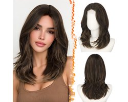 BARSDAR 40cm Rechte Zwart Bruin Highlight Layered Pruiken met Curtain Pony
