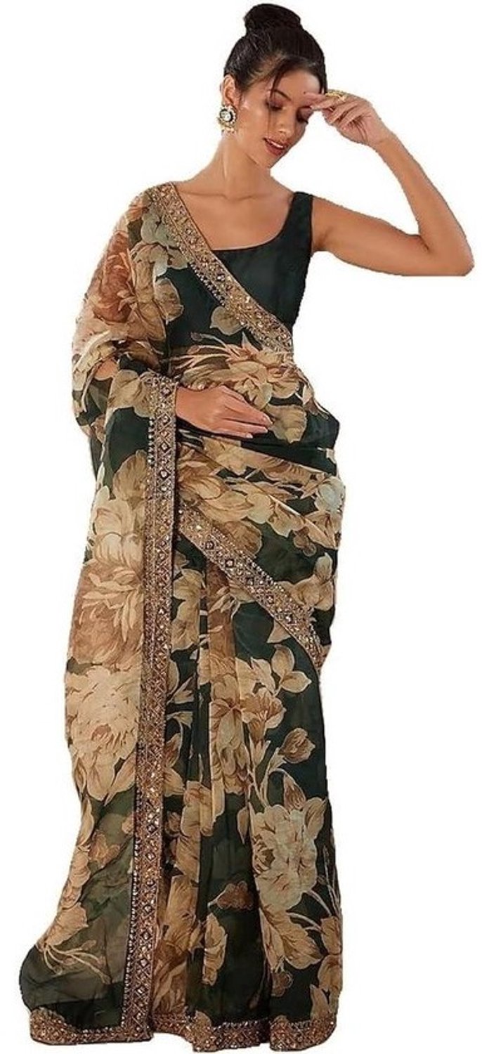 Georgette Sari - Sari Indisch - Feestelijke Gelegenheid - Spiegelwerk Kant - Niet Gestikt Blouse - Gedrukt