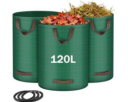 ANOMM Set van 3 tuinafvalzakken, 120 l, herbruikbare tuinzakken met handgrepen, robuust en opvouwbaar, groene afvalzakken voor bladeren, gazon, groen