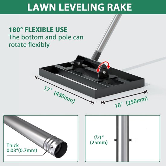 Lawn leveling rake 17" x 10" - verstelbare stainless steel handvat - heavy duty grass leveling - ShopVlot — afbeelding 5