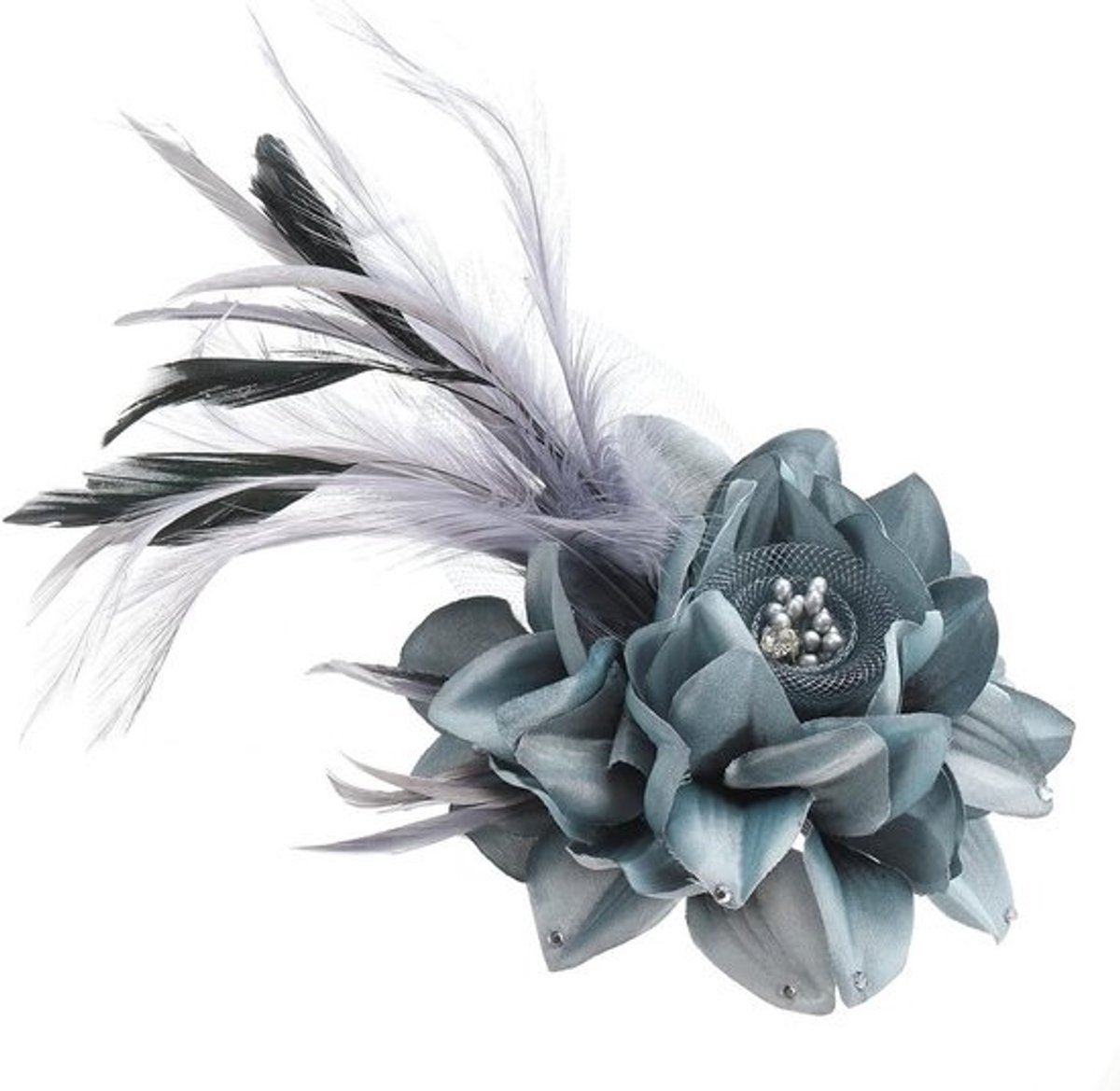 Bloemen Haarstrik - Chique Accessoire - Feestelijke Gelegenheid - Zijden Veer Detail - 15 x 20 cm - Grijs met Zwart