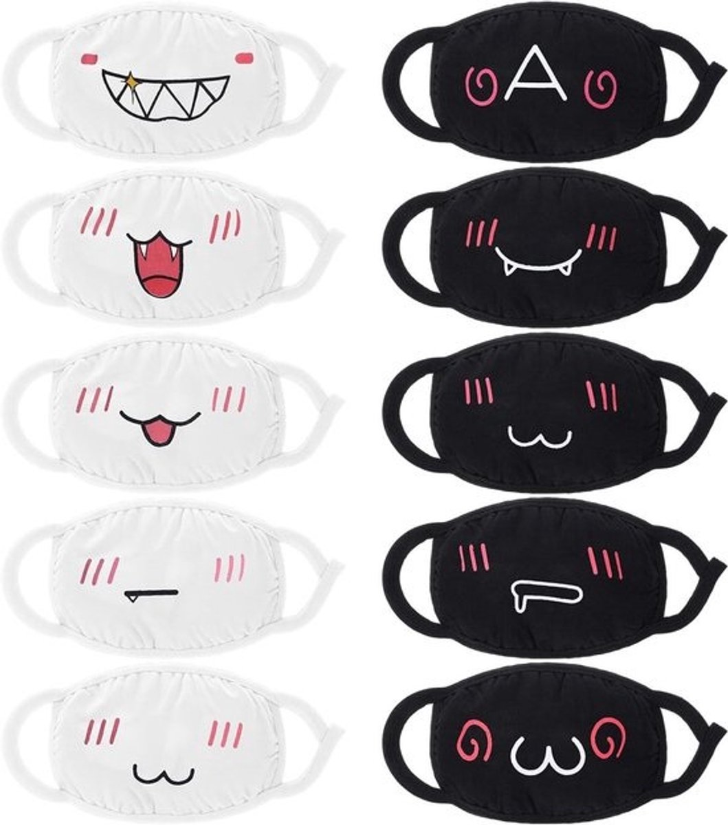 Kawaii stofmasker mondmasker van katoen herbruikbaar wasbaar stofdicht anime-masker voor vrouwen en mannen - 10 stuks