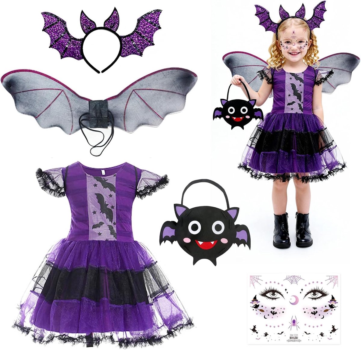 Vleermuis Kostuum Meisjes, Kostuum Kinderen Heks, Kinderbatpak met Vleugels en Een Jurk, voor Carnaval Halloween Maskerade Themafeest