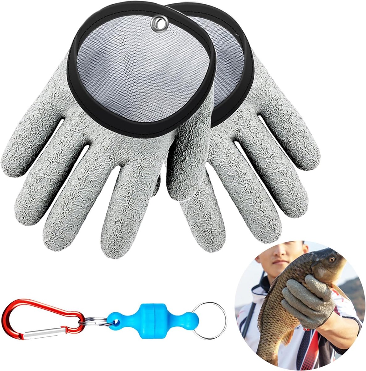 Vishandschoenen, visaccessoires, vishandschoenen, anti-snit, visvanger, anti-snit, antislip, met magneetsluiting, in 1 stuk, veilige hantering van de snoek (grijs)