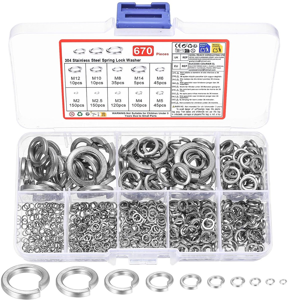670 stuks veerringen assortiment, metrische metalen veerringen, roestvrijstalen splitring assortimentsset voor thuis, fabrieken en winkels, M2 M2,5 M3 M4 M5 M6 M8 M10 M12 M14 ringen