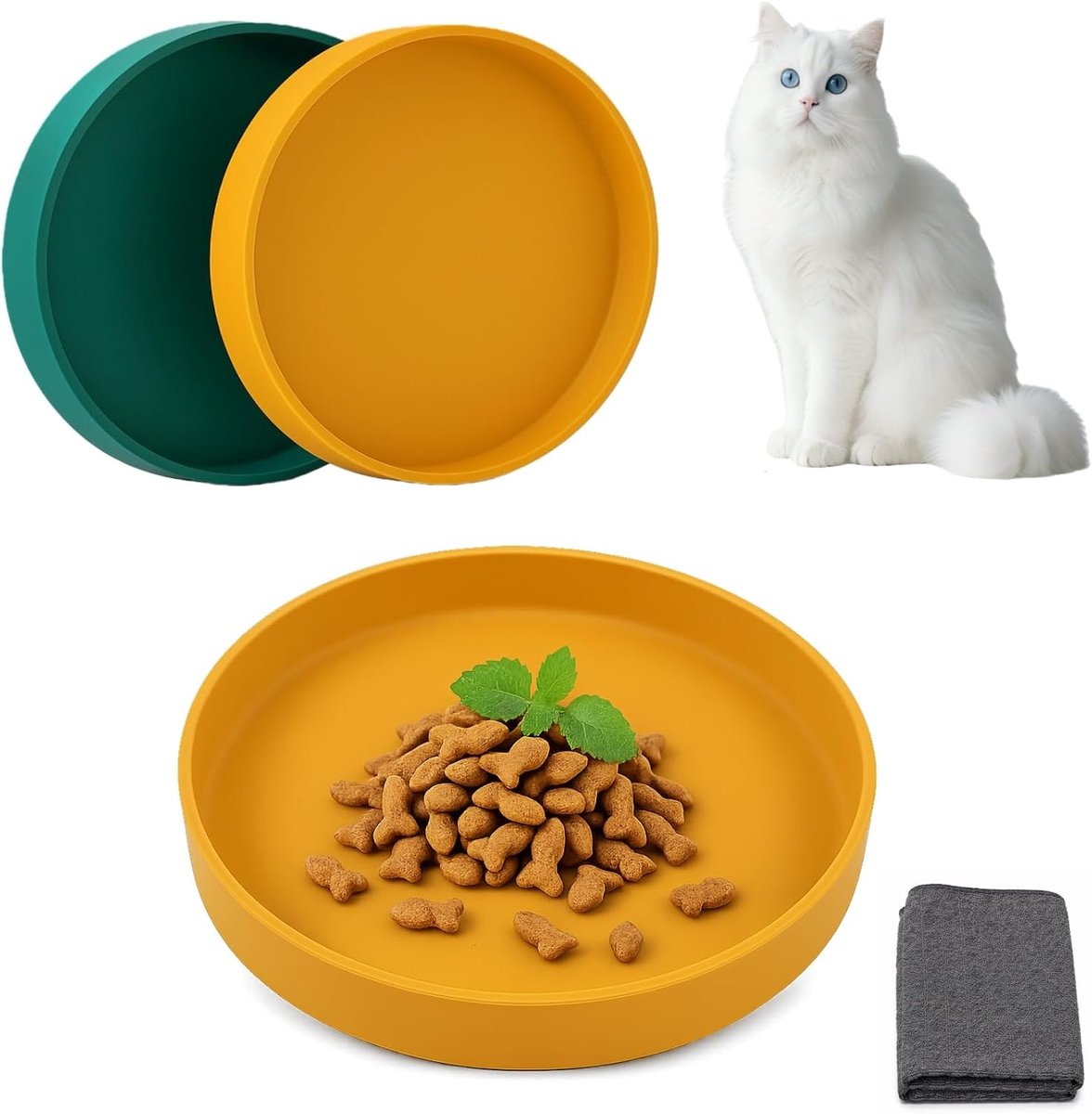 Set van 2 siliconen kattenvoerbakjes, 18 cm, plat, snorhaarvriendelijke voerbakjes voor katten, geschikt voor voer en water, verkrijgbaar in 2 kleuren voor nat- en droogvoer.