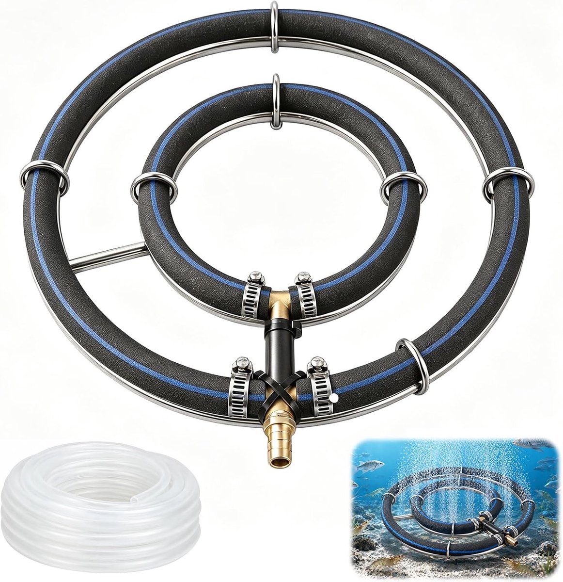 diameter 25 cm, 2-in-1 ventilatiering met buisdiameter 8 mm, vijverbeluchter roestvrij staal 304, zelfzinkend, inclusief φ9 mm slang 5 m voor tuinvijver, koivijver, aquarium