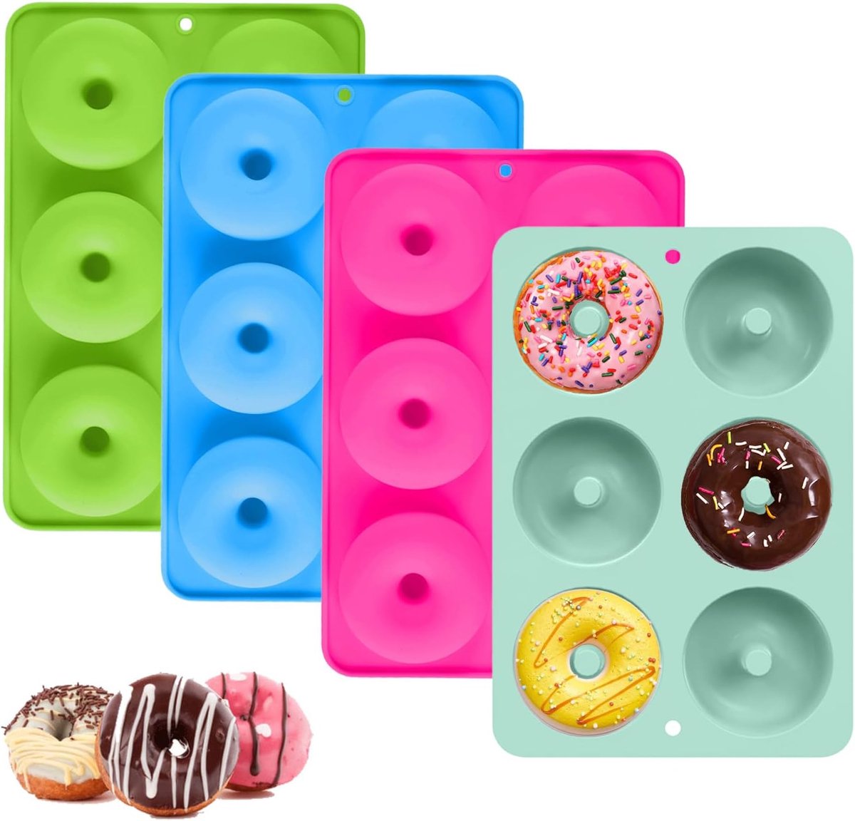 Set van 4 siliconen bakvormen voor donuts met ophanglussen