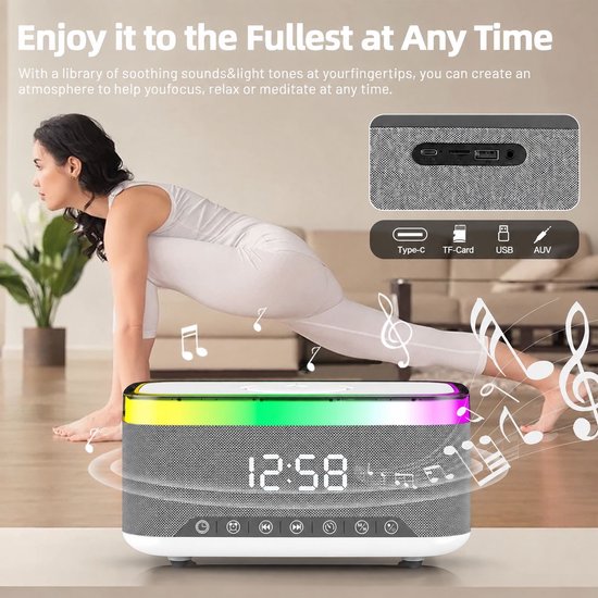VHV - 5-in-1 Wireless LED Speaker - Draadloos - Bluetooth Speaker - 6 Ambient-lampen - Digitale klok, LED-display - Draadloze Muziek Box - Draadloze Oplader - Wireless charger - GSM Lader - voor iPhone/Android/iPad/Samsung van VHV — afbeelding 4