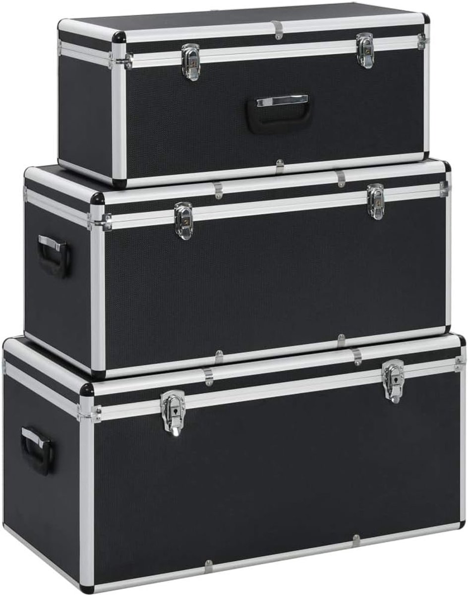 3 koffers van zwart aluminium, 3 koffers in verschillende maten, versterkte ronde hoeken, met slot (sleutel meegeleverd)