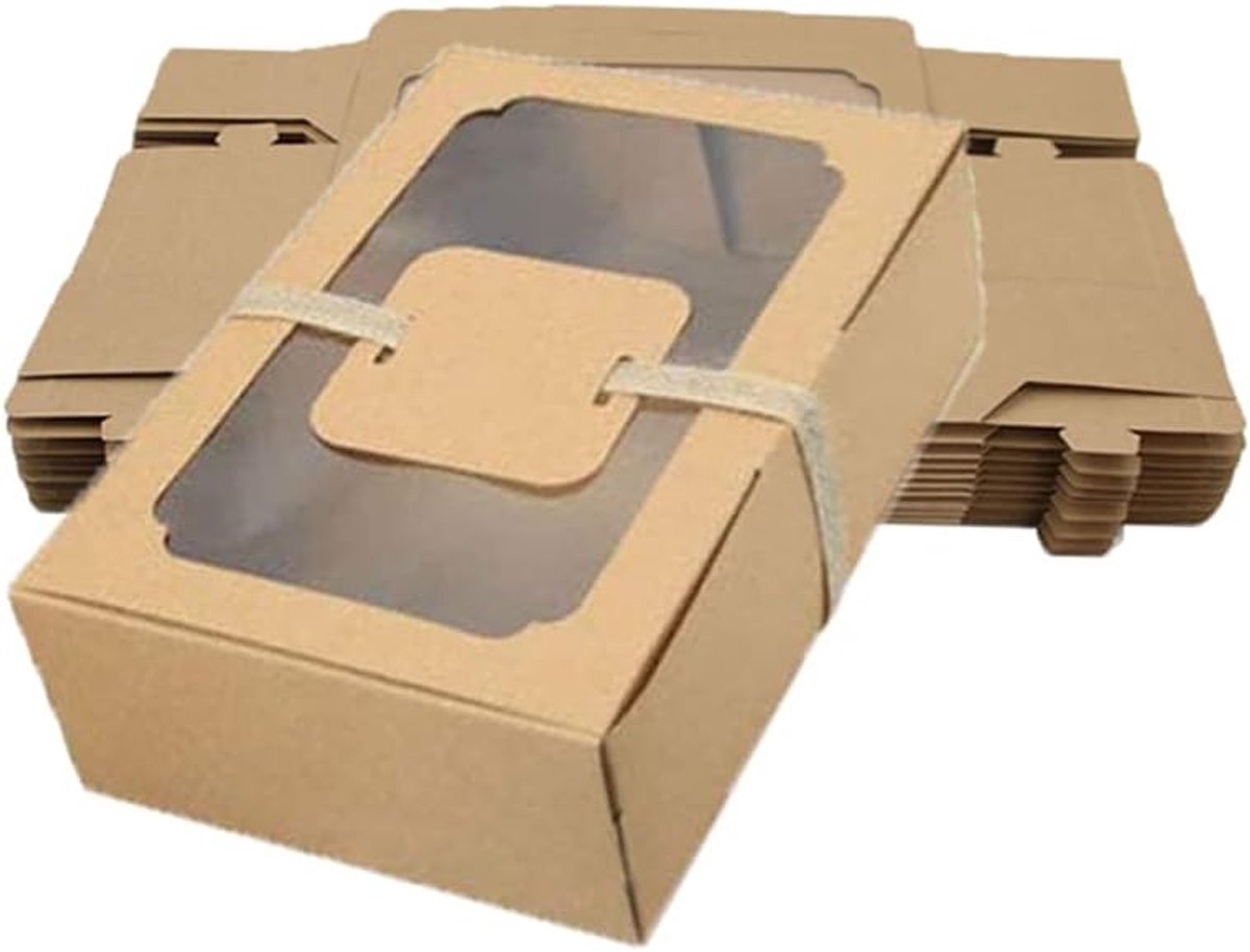 12 stuks bruine kraftpapier-dozen, koekjesgeschenkdozen, kleine geschenkdozen, rechthoekige, transparante ramen, met 12 papieren kaarten en een rol touw, voor taarten, taarten, gebak, donuts, muffins