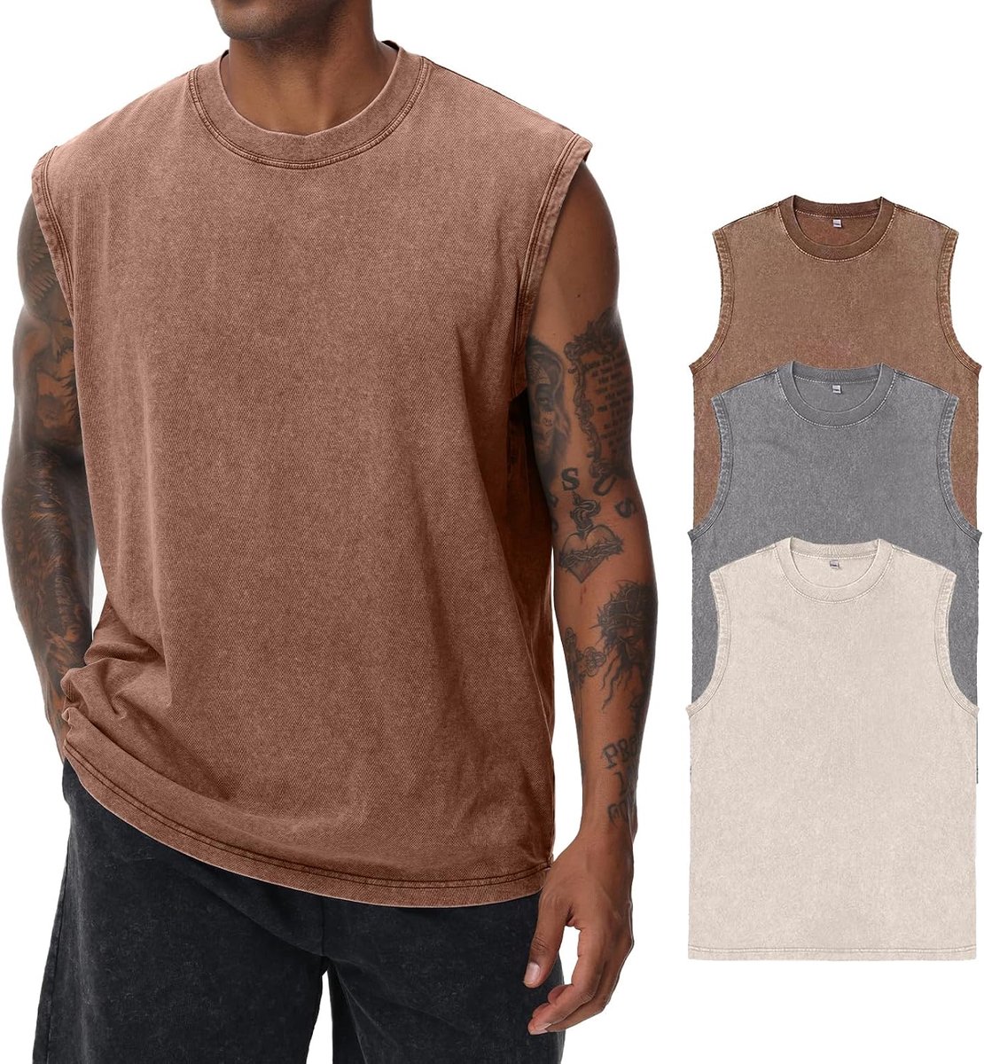 Korte mouwen zomer mouwloos shirt mannen fitness mouwloos vest, gewassen mouwloos T-shirt, workout gym katoen